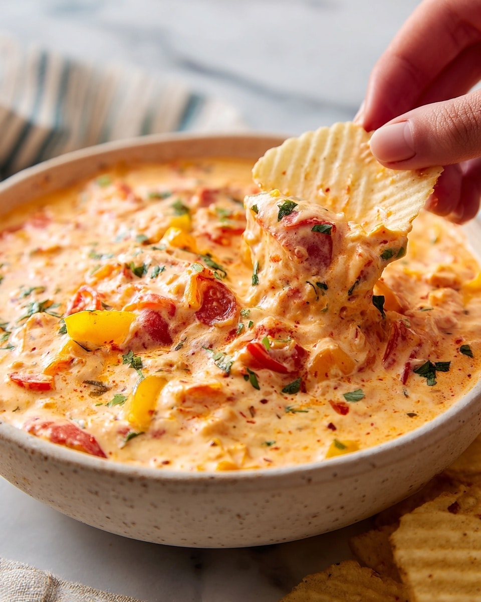 A close-up image shows a white ridged chip being dipped into a creamy, light orange dip with visible chunks of red tomato, yellow bell pepper, and small green herbs scattered throughout. The dip looks thick and textured with small bits mixed in, sitting in a bowl on a white marbled surface. A woman's hand is holding the chip, partially submerged in the dip, capturing the moment of scooping. The colors are bright and fresh, highlighting the contrast between the chip and the colorful dip. photo taken with an iphone --ar 4:5 --v 7