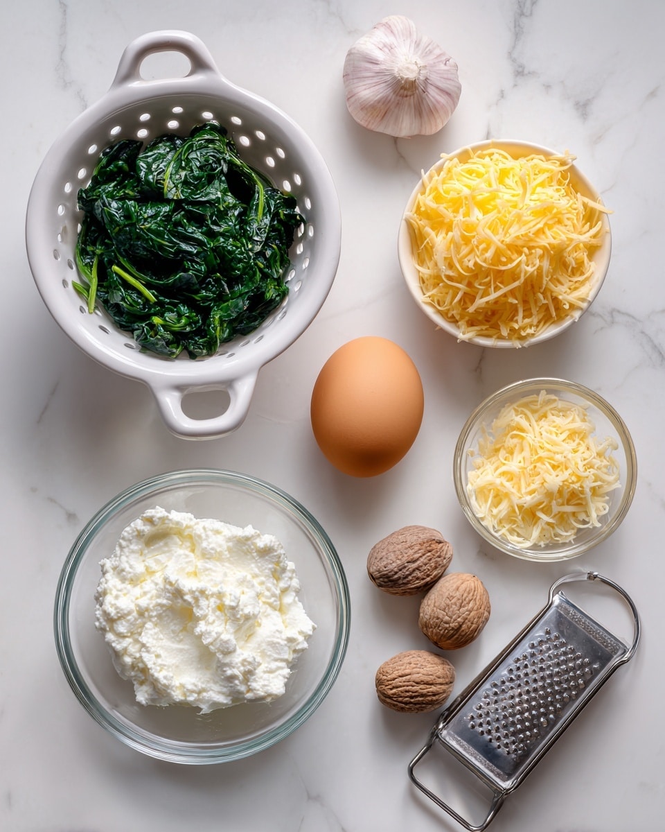 The image shows various ingredients for cooking, arranged neatly on a white marbled surface. On the left side, there is a white colander with dark green thawed frozen spinach inside. Next to it, there is a single clove of pale pink garlic placed near an orange-brown egg. Below that, a clear glass bowl is filled with soft, white ricotta cheese. To the right, there is a small white bowl with shredded yellow cheese, and next to it, a tiny transparent bowl holds light yellow Parmesan cheese. Above the cheese, a metal nutmeg grater lies horizontally with a whole nutmeg beside it. The arrangement is clean and simple, with each ingredient easy to see, photo taken with an iphone --ar 4:5 --v 7