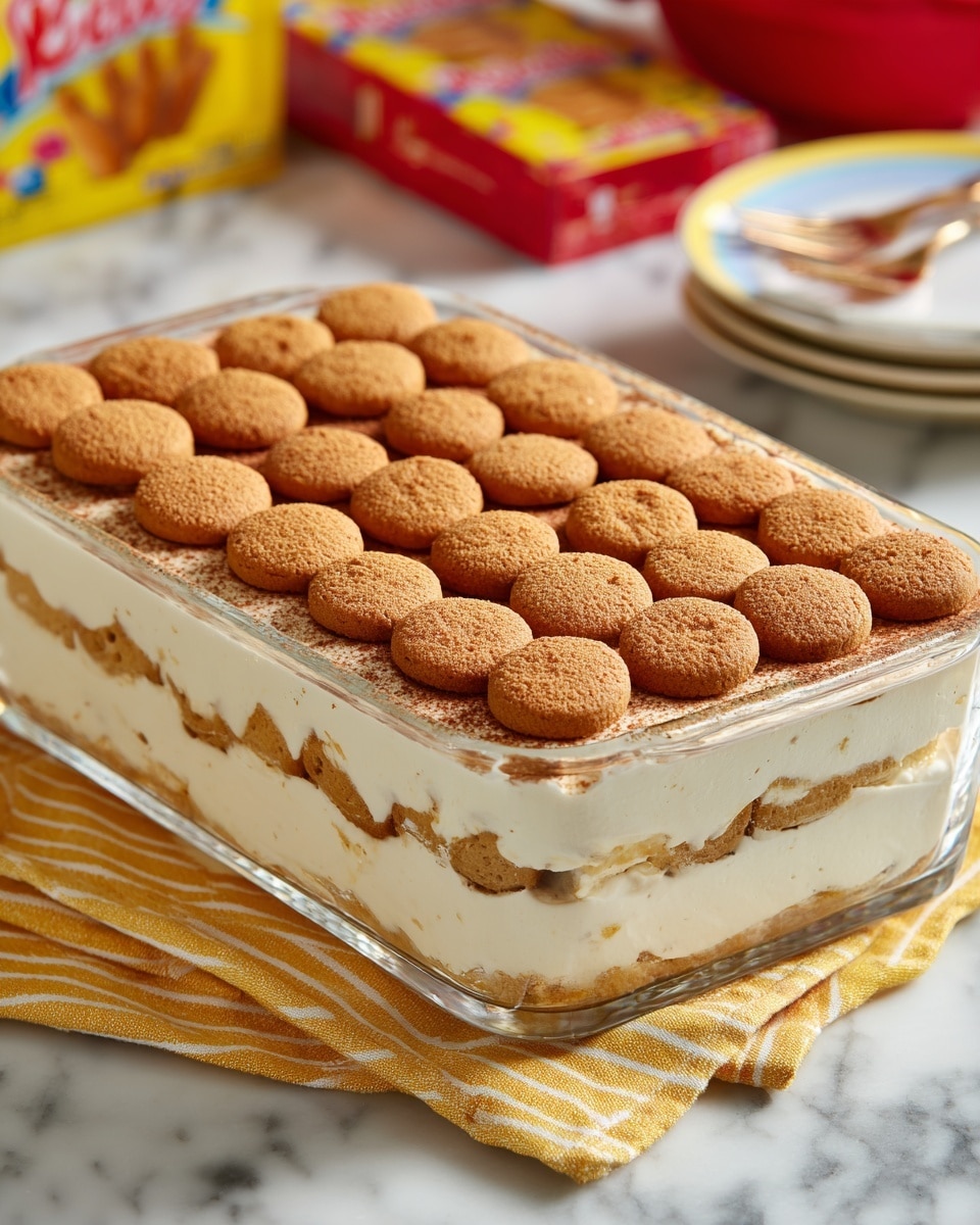 A clear glass rectangular dish holds a layered dessert with two visible layers. The bottom layer is thick and creamy with a light off-white color and smooth texture. On top, there is a single even layer of round, golden-brown cookies neatly placed, covering the entire surface. The dish is sitting on a white marbled surface with a yellow and white striped cloth partially visible underneath. In the background, slightly out of focus, are some colorful packaging and a red container. photo taken with an iphone --ar 4:5 --v 7