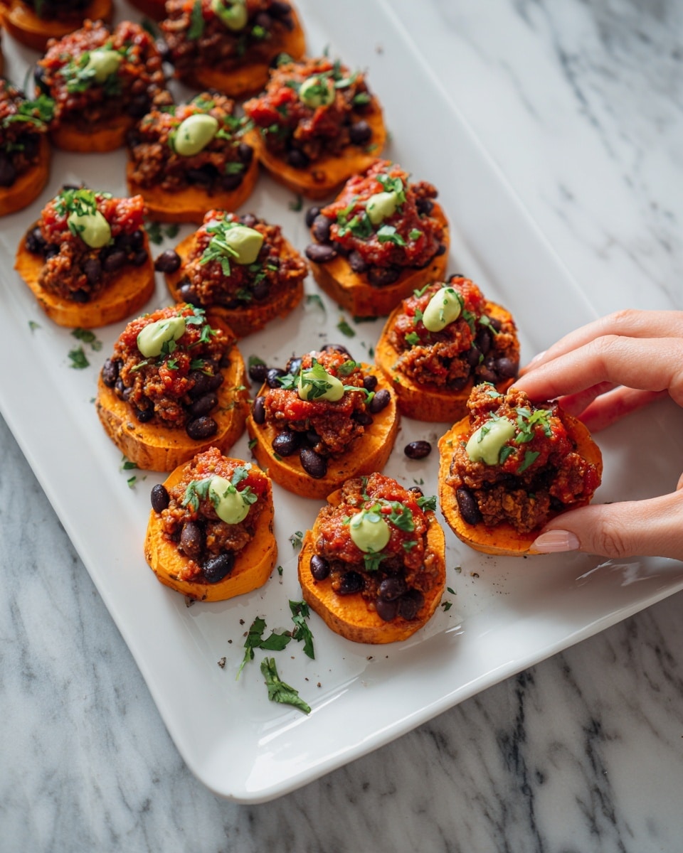 A white rectangular dish is filled with multiple rounds of bright orange slices of cooked sweet potato as the base layer, each topped with a mix of dark black beans and browned ground meat. On top of the beans, there is a layer of red chunky tomato sauce spread unevenly, along with light green dollops of creamy avocado sauce. Small pieces of fresh chopped green herbs are scattered over the entire dish for a fresh touch. A woman's hand is holding one of the sweet potato rounds from the corner of the dish. The dish is placed on a white marbled surface. Photo taken with an iphone --ar 4:5 --v 7