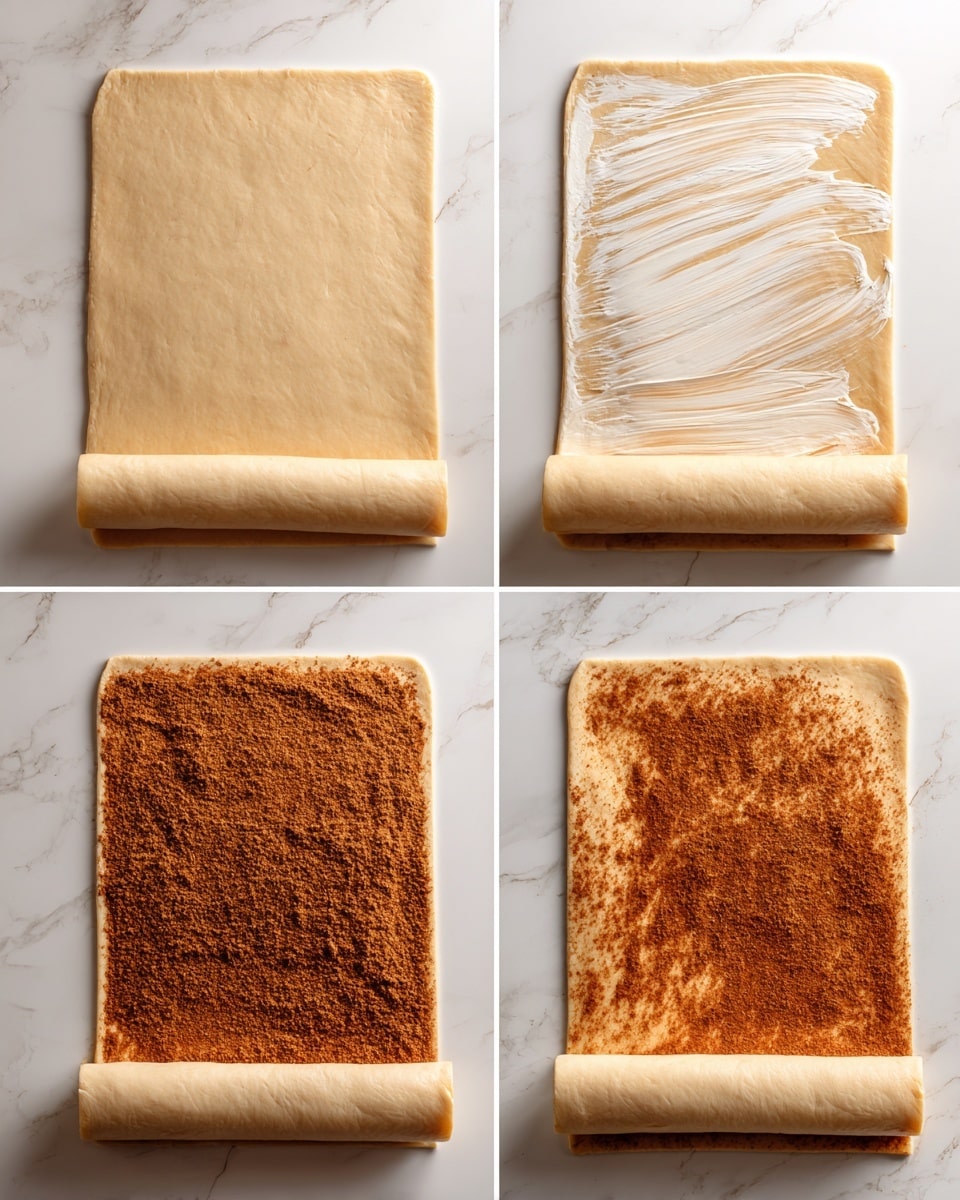 The image shows four stages of preparing dough for a rolled pastry on a white marbled surface. The first stage at the top left is a flat, rectangular sheet of plain dough with a smooth texture and light beige color. The top right shows the same dough brushed with a white translucent layer, making it appear slightly shinier and moist. The bottom left reveals the dough spread evenly with a thick layer of brown cinnamon sugar, covering almost the entire surface with a grainy texture. The last stage at the bottom right shows the dough being rolled up from the bottom edge, with the cinnamon sugar side visible in the center and a smooth dough edge along the bottom as it's rolled into a cylinder. Photo taken with an iphone --ar 4:5 --v 7