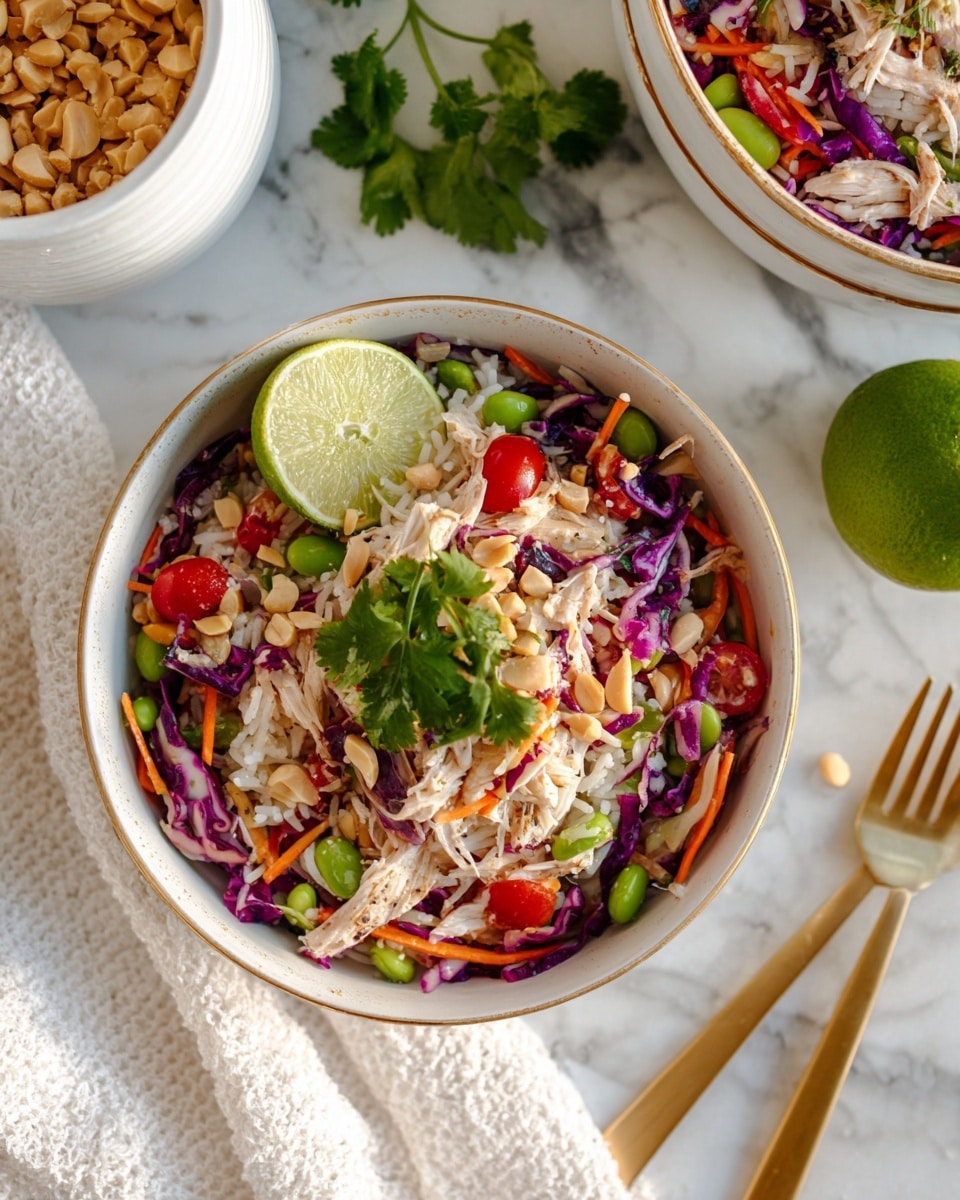 A white bowl filled with a colorful mix of shredded orange carrots, thin purple cabbage strips, light green edamame, and pieces of light brown chicken layered together. Two long, narrow wooden spoons stand upright in the bowl. Around the bowl are three small white bowls with chopped peanuts, green onion slices, and lime wedges. The scene is set on a white marbled surface with a white cloth on the left and a white plate with gold trim holding gold utensils on the right. Photo taken with an iphone --ar 4:5 --v 7