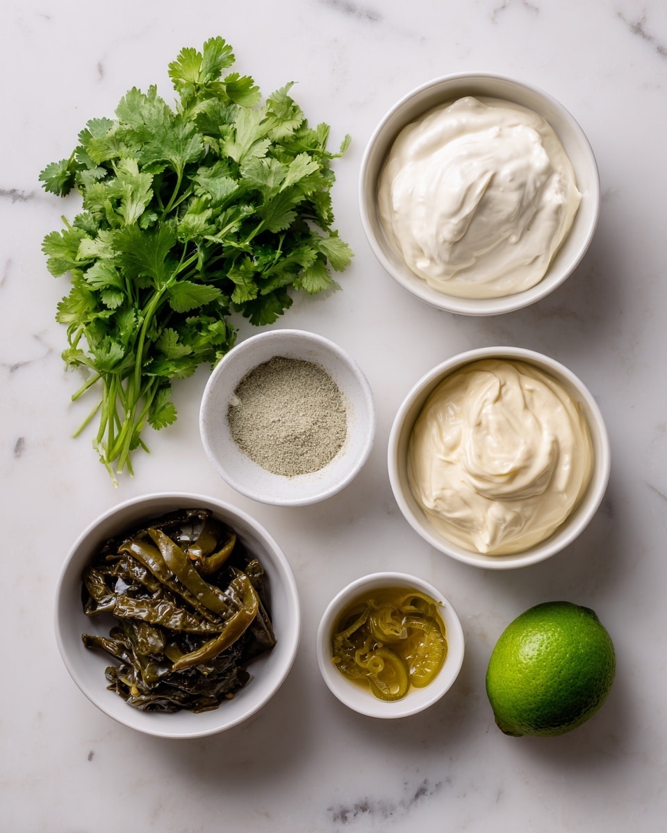 The image shows six ingredients arranged on a white marbled surface. At the top left, there is a bunch of fresh green cilantro with leafy texture. Below it to the left is a white bowl filled with smooth, creamy white sour cream. To its right is another white bowl holding a thick, pale yellow mayonnaise with a slightly lumpy texture. At the center below these bowls is a small white bowl containing a light grayish-white ranch seasoning powder with some fine texture. To the bottom left is a white bowl filled with dark green and brown sliced pickled jalapeños showing shiny surfaces and some seeds. At the bottom right is a small white bowl with clear yellow pickled jalapeño brine. Next to these bowls on the right side is a whole lime with a rough, bright green rind. The arrangement is clean and simple, with natural colors standing out on the white marbled background, photo taken with an iphone --ar 4:5 --v 7