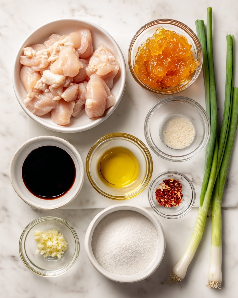 The image shows several small white bowls and a white plate with different cooking ingredients arranged on a white marbled surface. At the top center, a white bowl holds light pink chunks of boneless skinless chicken breasts. To its right is a clear glass bowl with bright orange marmalade, showing a textured, jelly-like surface. Below the chicken, there is a small white bowl with minced garlic, appearing pale yellow with a fine texture. Next to it is a clear container holding dark black soy sauce, smooth and shiny. Below that is a smaller clear bowl with light golden sesame oil, clear and glossy. Centered near the chicken is a clear bowl filled with a light, almost see-through liquid labeled rice vinegar. Another small white bowl contains white cornstarch powder, soft and fine. A bigger white bowl holds clear, light vegetable oil, smooth and shiny. There are also two long green scallions with white bulbs placed at the bottom of the image. A tiny white bowl with a mix of red pepper flakes, sesame seeds, and ginger is placed near the upper left side. The clean and simple arrangement is captured on a white marbled surface, photo taken with an iphone --ar 4:5 --v 7