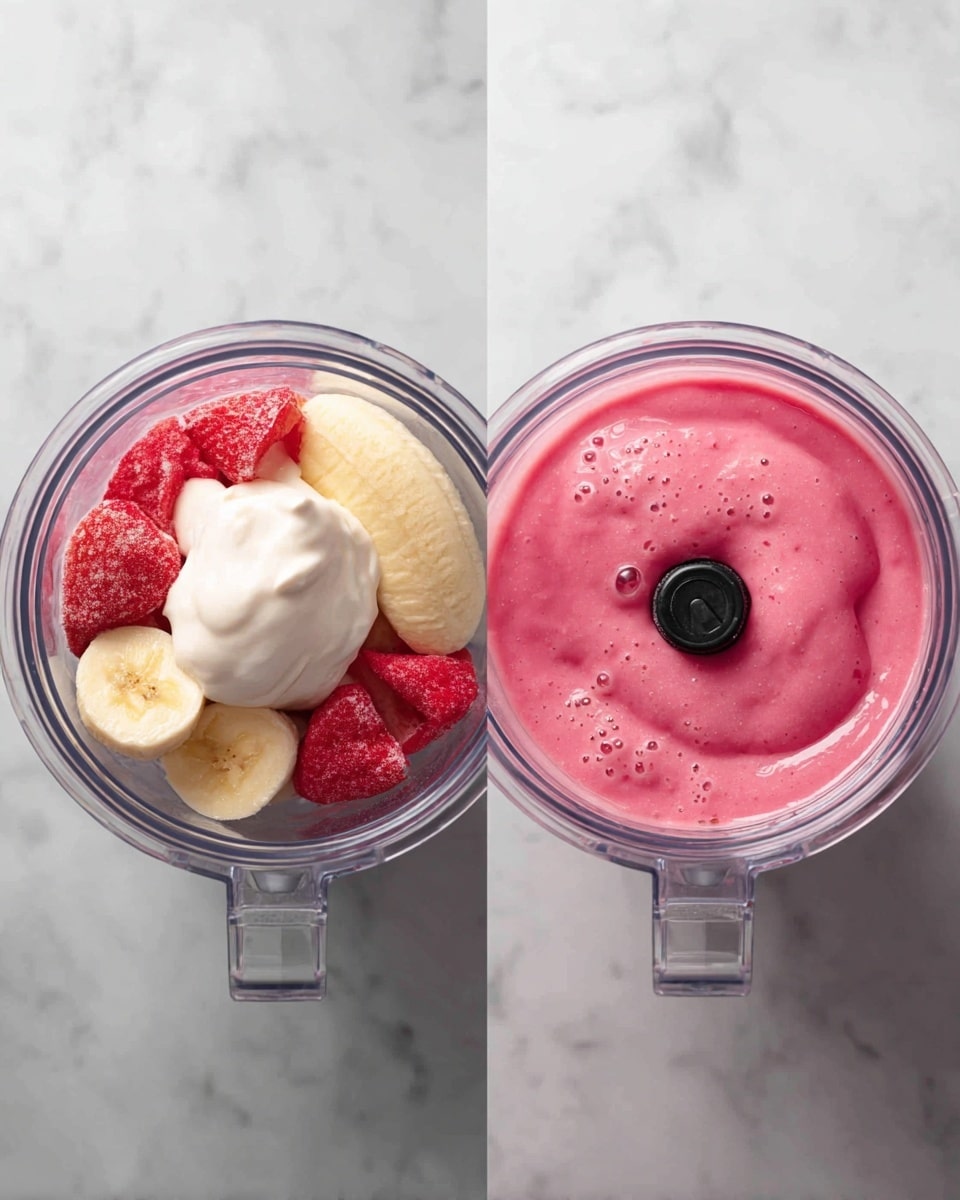 The image shows two close-up views of a blender container on a white marbled surface. On the left, inside the blender are frozen red strawberries, a peeled yellow banana, and a large dollop of white creamy yogurt layered loosely on top of the fruit. On the right, the blender contains a smooth, thick, bright pink smoothie with a few tiny bubbles, seen from above around the black blender blade in the center. photo taken with an iphone --ar 4:5 --v 7