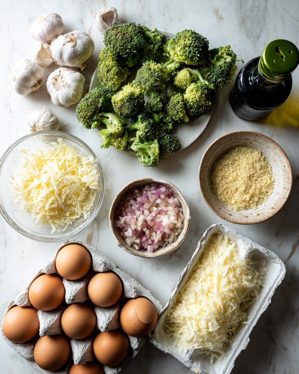 The image shows a top view of cooking ingredients placed on a white marbled surface. There are bright green broccoli florets scattered in the center, with a bowl of pale yellow breadcrumbs on the top right and a small bowl of finely chopped shallots with pink and white pieces below it. To the right bottom, there is a white egg carton holding four brown eggs. On the left side, there are some whole garlic bulbs with papery white and purple skins, and below them, a bowl filled with shredded pale yellow cheese. A dark olive oil bottle with a green cap is seen near the shallots and eggs. The arrangement of the ingredients is neat and spaced out. photo taken with an iphone --ar 4:5 --v 7