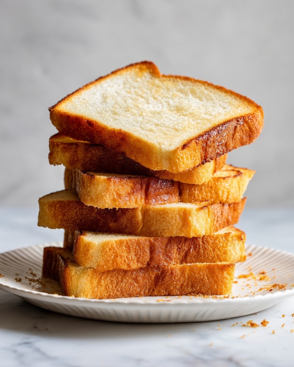 A stack of five slices of golden brown bread with a soft, light beige inside and slightly crispy crusts are placed on a white plate with a subtle wave pattern on the edges. The slices are unevenly stacked, leaning slightly to one side, and crumbs are scattered around the base of the stack. The setting is on a white marbled surface with a simple light gray background. photo taken with an iphone --ar 4:5 --v 7