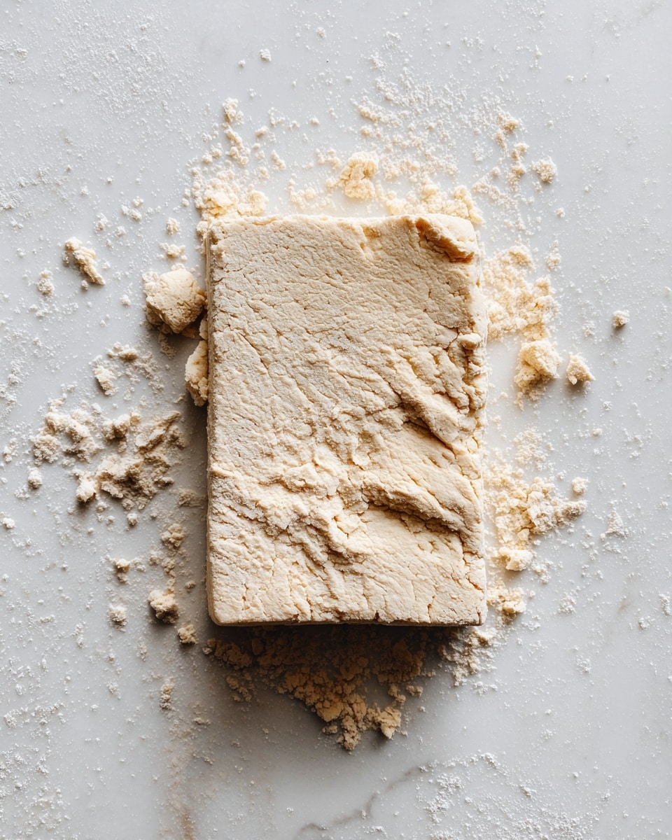 A rough rectangular piece of dough with a light beige color and a textured surface sits directly on a white marbled texture. The dough looks soft and slightly crumbly on the edges, with some small flour bits scattered around it. The scene is simple with soft lighting and no additional objects. photo taken with an iphone --ar 4:5 --v 7