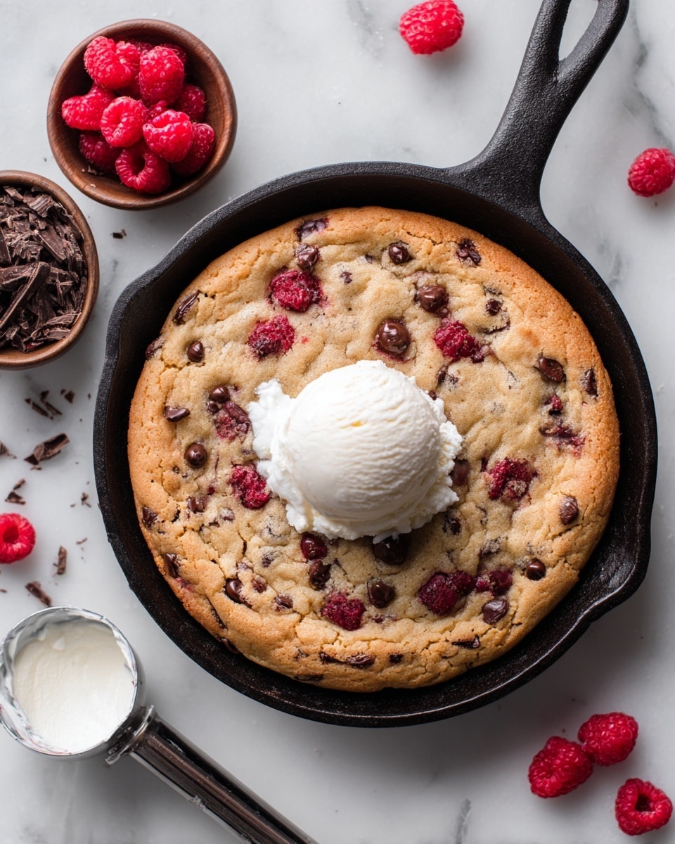 A golden brown baked cookie with visible melted dark chocolate pieces and fresh red raspberries scattered throughout its thick surface sits in a black cast iron skillet. On top in the center is a single scoop of white ice cream. The skillet rests on a white marbled surface with a few red raspberries and a small brown bowl of chocolate shavings near the top left. A metal ice cream scoop with some white ice cream remains lies at the bottom left. A spoon is at the top right corner. photo taken with an iphone --ar 4:5 --v 7
