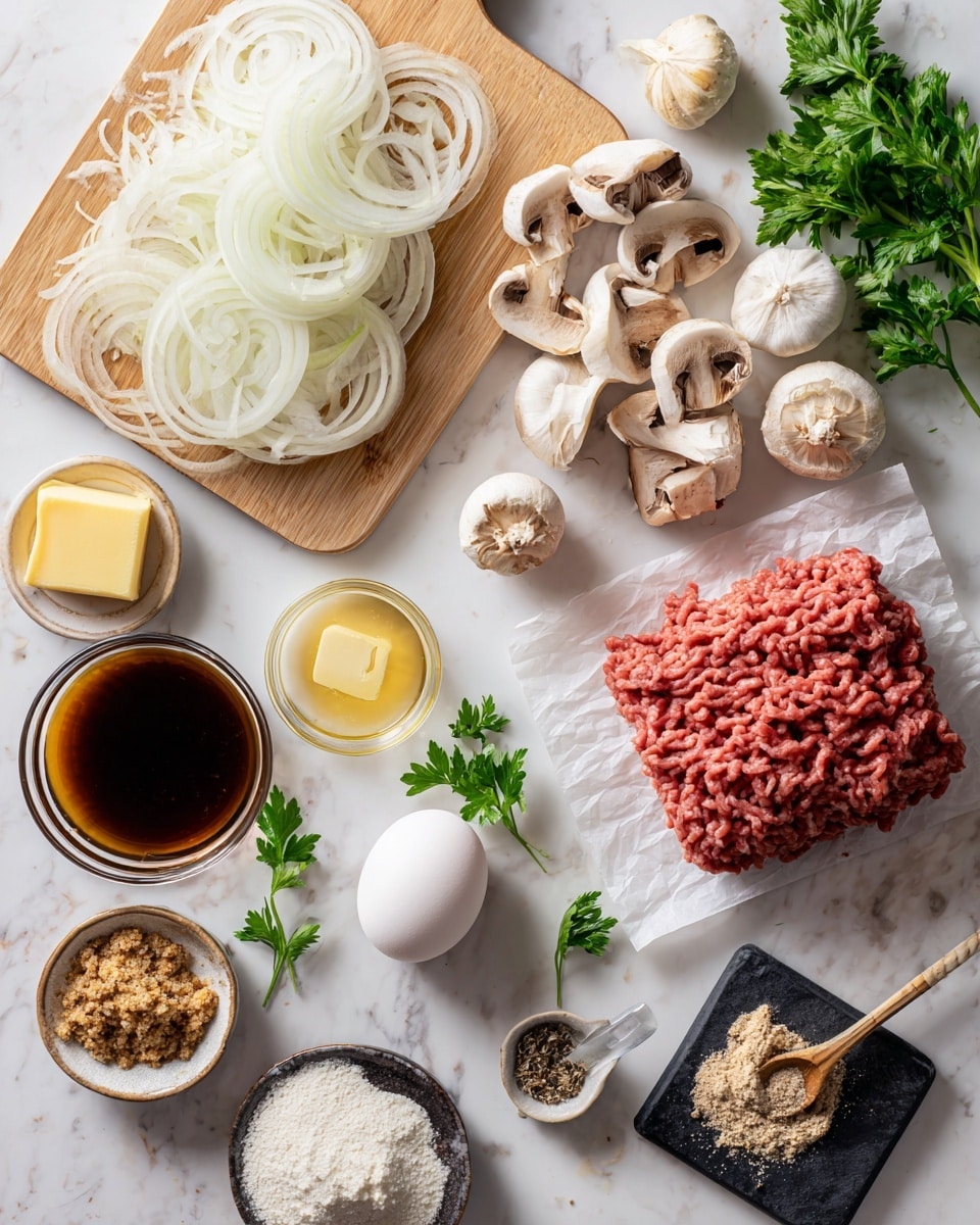 The image shows a top-down view of various ingredients arranged on a white marbled surface for cooking. Starting at the top left, thinly sliced white onions are on a light brown wooden cutting board, next to a pile of sliced white mushrooms with visible brown gills. To the right, whole garlic bulbs and fresh green parsley leaves are partially visible. Below the board, a single white egg is placed between a small glass container filled with dark brown beef broth and a mound of pink raw ground beef resting on parchment paper. Scattered around the beef are small measuring cups and containers holding pale yellow butter, light brown bread crumbs, white flour on a wooden spoon, dark brown Worcestershire sauce in a black and white patterned bowl, and small piles of light-colored spices including salt, garlic powder, pepper, and onion powder on a black square slate. The scene is clean and bright with soft shadows, photo taken with an iphone --ar 4:5 --v 7