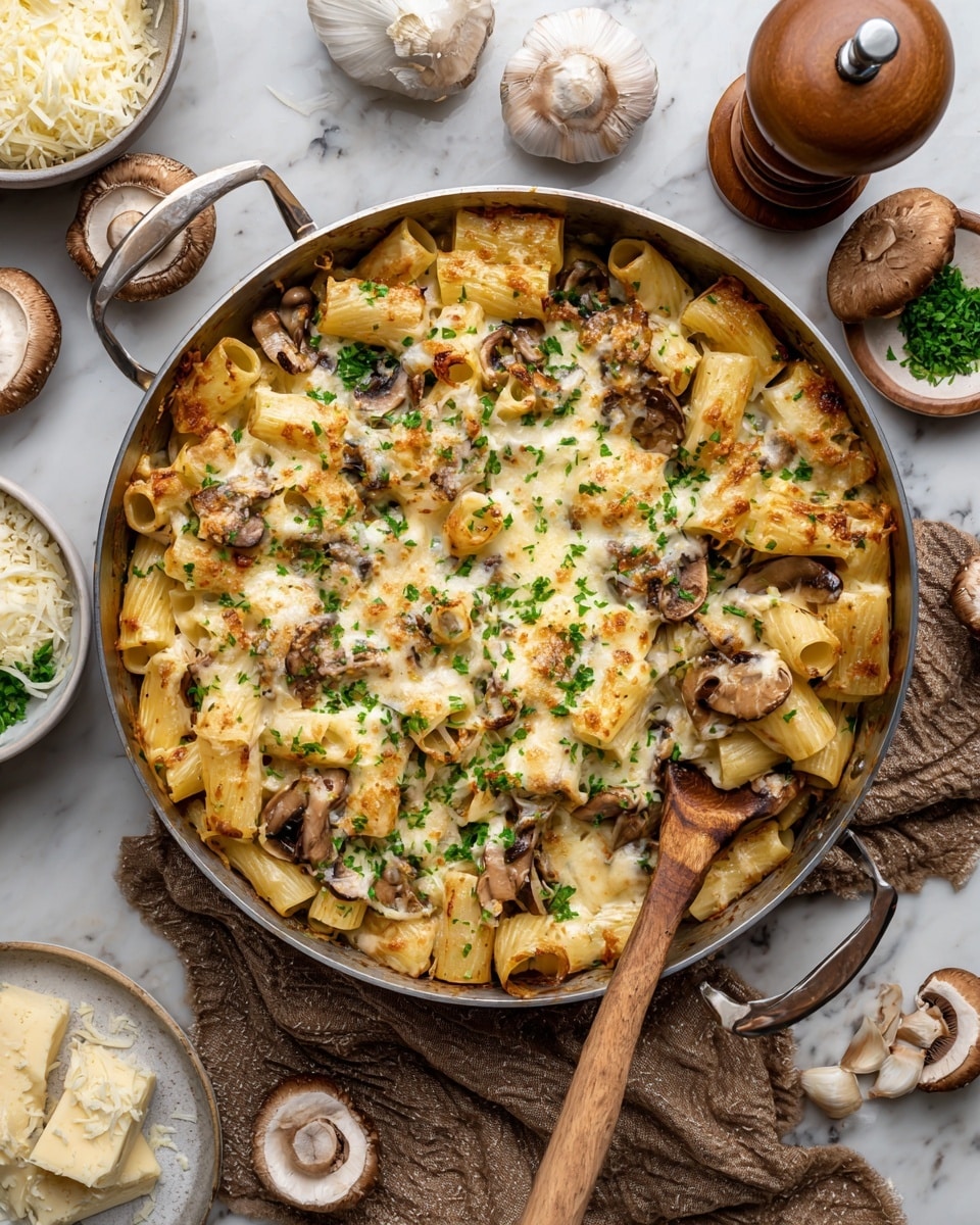 A large silver pan filled with baked pasta showing a top layer of melted golden-brown cheese sprinkled with fresh green herbs. Beneath the cheese, visible are tube-shaped pasta pieces mixed with browned slices of mushrooms and a creamy sauce that peeks through the cheese. A wooden spoon with a long handle rests inside the pan, partially scooping some pasta, revealing the soft, saucy texture beneath the cheese layer. The pan is set on a textured brown cloth on a white marbled surface, surrounded by small bowls of white cheese, a wooden pepper grinder, garlic cloves on a small plate, and a large mushroom near the pan. Photo taken with an iphone --ar 4:5 --v 7