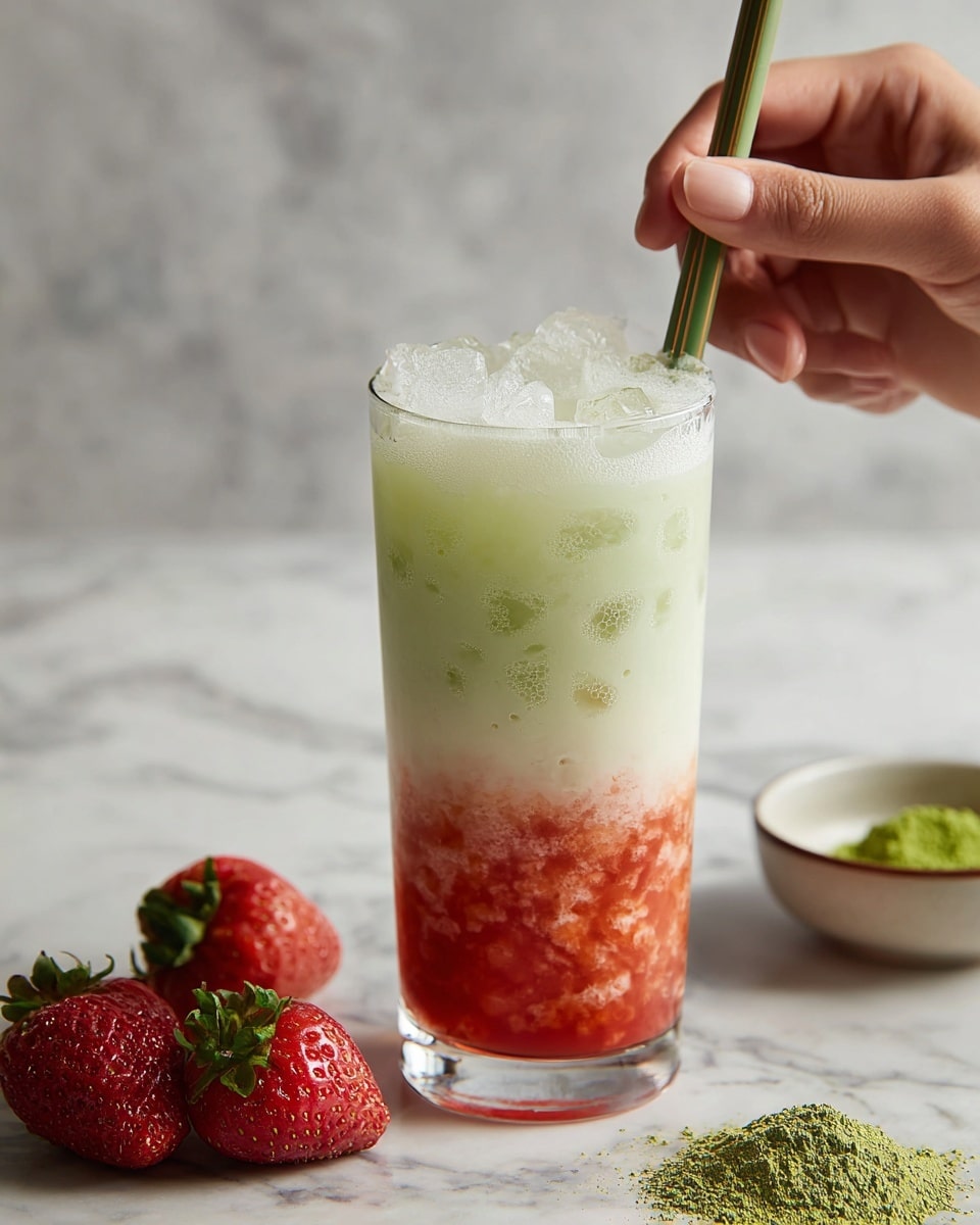 A tall clear glass holds a layered drink with three distinct layers: the bottom layer is bright red with a chunky texture, the middle layer is creamy white and smooth, and the top layer is light green with ice cubes that slightly mix with the white below. The glass sits on a white marbled surface with fresh red strawberries and a small bowl of green powder beside it. A woman's hand is holding a green straw that goes into the glass. Photo taken with an iphone --ar 4:5 --v 7