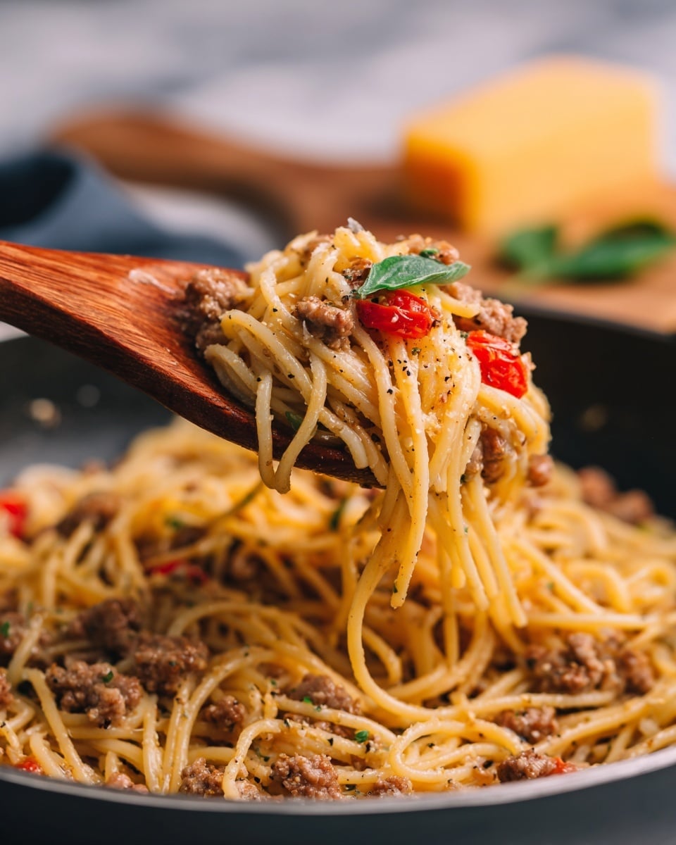A close-up of a serving of spaghetti held by a wooden spoon above a pan, showing long, thin noodles mixed with ground meat pieces and small red tomato chunks, topped with a single green herb leaf, all coated in a light sauce with visible black pepper specks, with more spaghetti and meat visible in the pan below, set against a blurry background with a block of yellow cheese and green herbs on a white marbled surface, photo taken with an iphone --ar 4:5 --v 7
