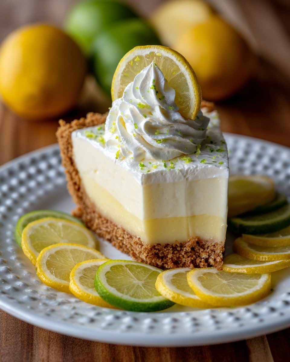 A slice of lemon pie with three layers is placed on a white plate with a raised dotted and line pattern near the rim. The bottom crust layer is brown and crumbly, the middle layer is light cream color, and the top lemon layer is pale yellow with small green lemon zest pieces sprinkled on it. On top sits a swirl of white whipped cream holding a small lemon slice with a green rind. Around the plate and on a wooden surface beneath, there are many thin lemon slices with light yellow centers and bright green edges. The photo is taken with an iphone --ar 4:5 --v 7