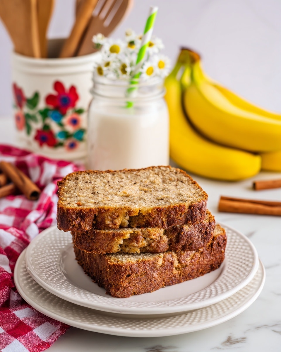 Two thick slices of light brown banana bread with a soft, moist texture are stacked on a white plate with a dotted pattern. The plate sits on another plain white plate, all placed on a white marbled surface. In the background, a bunch of yellow bananas lies next to a glass jar of milk with a green straw decorated with white flowers. Behind them, there is a white ceramic container with colorful flowers painted on it and wooden kitchen utensils inside, along with a red and white checkered cloth. A few cinnamon sticks are scattered nearby. Photo taken with an iphone --ar 4:5 --v 7