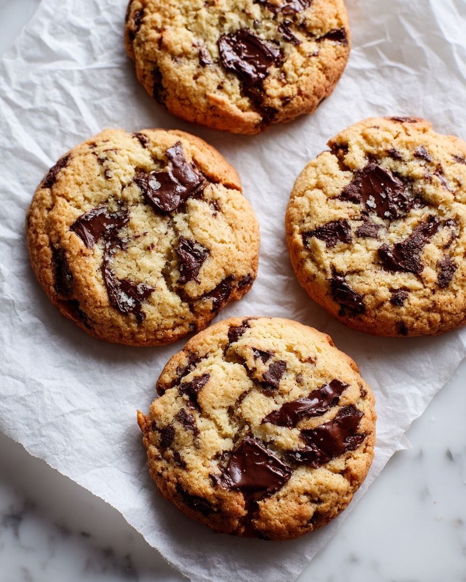There are four round cookies placed on white parchment paper on a white marbled surface. Each cookie is golden brown with a slightly rough texture and has dark chocolate chunks spread unevenly throughout. The cookies look soft and slightly thick with a few cracks visible on the surface, giving them a homemade appearance. Photo taken with an iphone --ar 4:5 --v 7