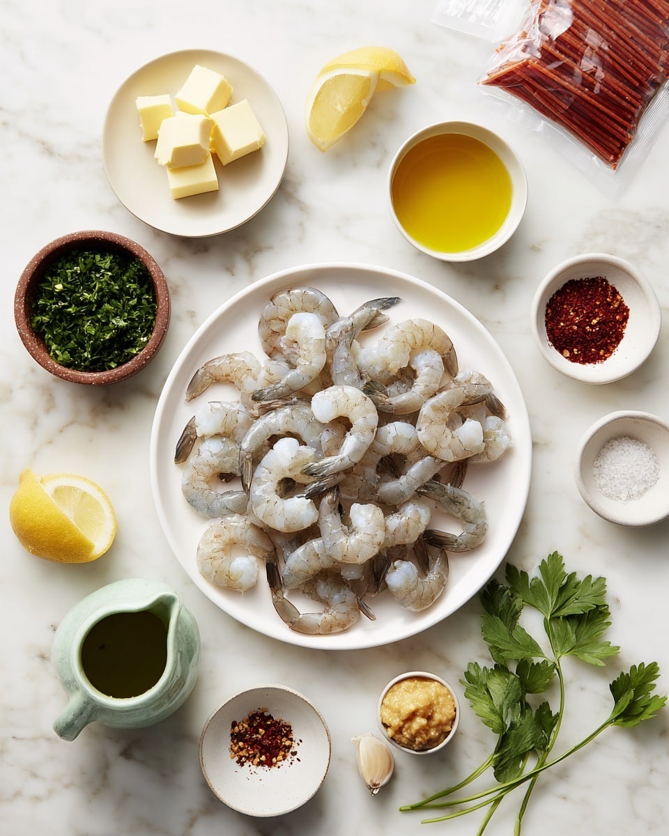 A white plate holds a circle of raw, pale gray shrimp arranged loosely in the center. Around it are small white and brown bowls and dishes placed on a white marbled surface; on the top left is a small white bowl with light yellow butter cubes, next to it is a small brown bowl filled with chopped fresh green parsley. Below the butter is a small white bowl containing golden olive oil, and beside olive oil is a green and white pitcher holding fresh lemon juice. To the right of the shrimp, a small silver container holds a light yellow chicken stock cube paste, with two peeled garlic cloves placed nearby. Above these rests a white saucer with small piles of reddish paprika powder, deep red chili flakes, white salt, and dark ground black pepper. At the very top right, a red packet of spaghetti with an image of cooked pasta sits on the white marbled surface. The whole scene is bright, simple, and organized, photo taken with an iphone --ar 4:5 --v 7