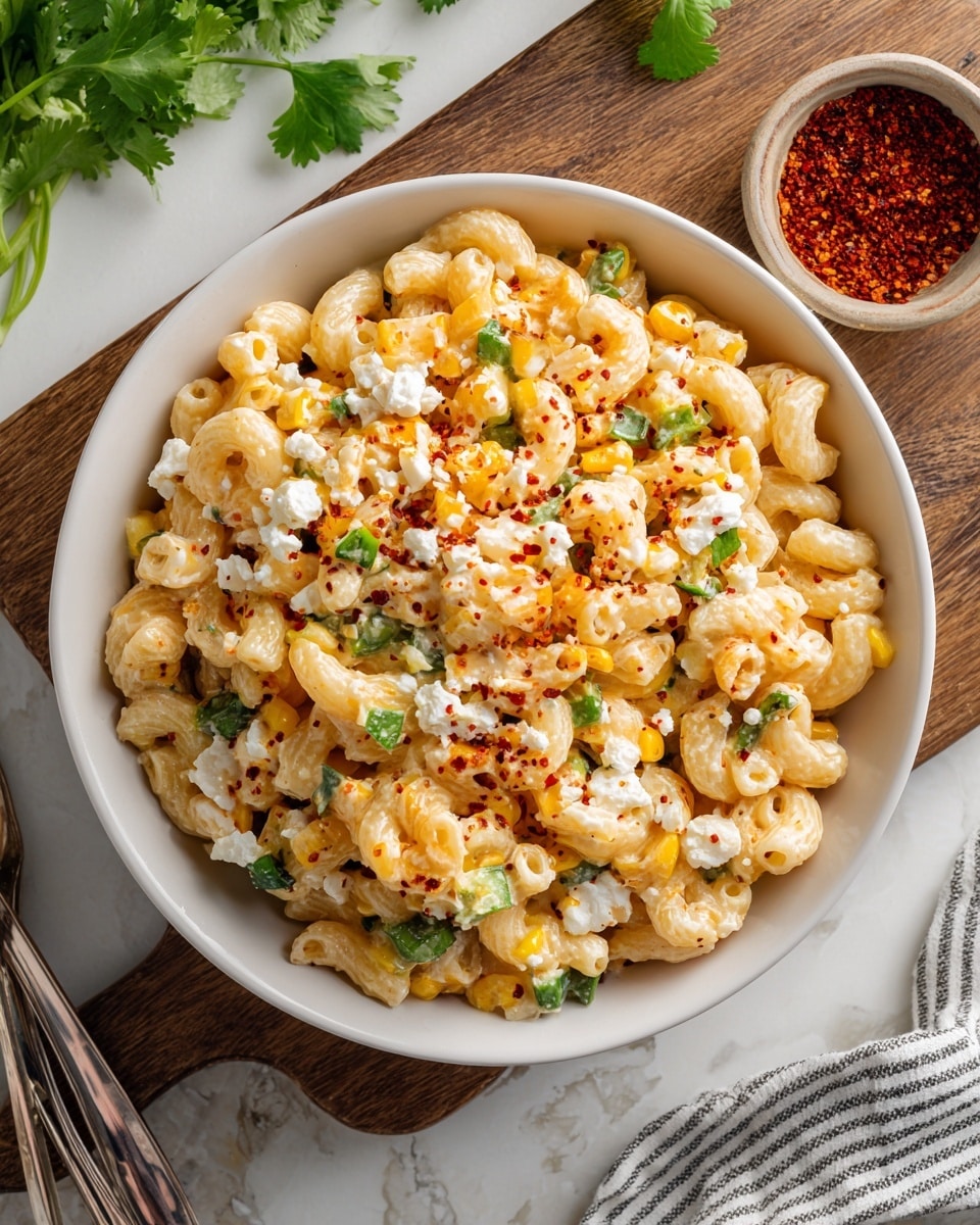 A white bowl filled with a creamy pasta salad made of small tubular pasta mixed with yellow corn kernels and pieces of green pepper, all coated in a light creamy sauce. Crumbled white cheese and red chili powder are sprinkled on top and mixed throughout, giving contrasting spots of white and red against the pale pasta and vegetables. The bowl sits on a white marbled textured surface with a wooden cutting board underneath, surrounded by green cilantro leaves and a small bowl of red chili powder on the side, with a striped cloth and silver utensils partly visible nearby. Photo taken with an iphone --ar 4:5 --v 7