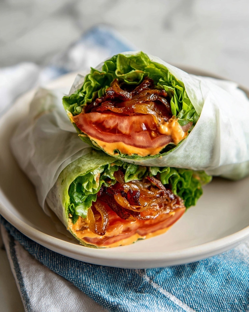 A close-up of a wrap served on a white plate, resting on a white marbled surface with a blue and white cloth underneath. The wrap has four main layers: a green lettuce leaf on the outside, two slices of red tomato just inside, a layer of shiny caramelized onions beneath the tomato, and a sauce that looks creamy and orange, drizzled lightly over the onions. The wrap is partially covered in white paper, with the edges of the lettuce and tomato peeking out. photo taken with an iphone --ar 4:5 --v 7