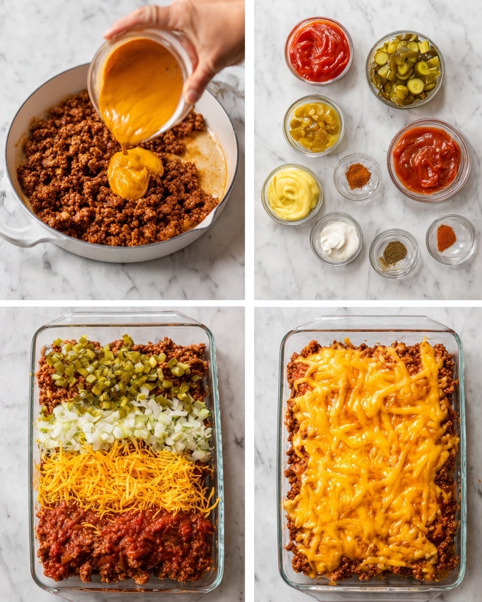 The image shows four steps of making a ground beef dish starting with a white pan filled with browned ground beef, where a woman's hand is pouring a creamy orange sauce in the center. The next step shows the same beef in the pan with layered ingredients on top including chopped green pickles, red ketchup, yellow mustard, white mayo, and various spices in small piles around the sauce. The third image displays the cooked beef mixture spread evenly in a clear glass rectangular baking dish on a white marbled surface. The fourth image shows the beef layer fully covered with a bright orange layer of shredded cheddar cheese in the same clear glass dish. Photo taken with an iphone --ar 4:5 --v 7