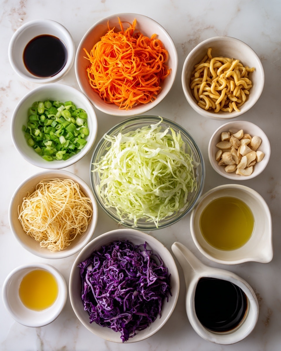 The image shows twelve small white bowls and one white jug arranged in a circle on a white marbled surface, each containing different fresh ingredients. In the center, there is a clear glass bowl filled with thinly sliced pale green cabbage. Surrounding it are bowls with bright orange julienned carrots, curly light beige ramen noodles, deep purple shredded red cabbage, and chopped green onions with a rich green color. Other bowls contain sliced light brown almonds, a small quantity of light beige minced garlic, pale creamy ginger paste, light golden sesame oil, clear rice vinegar, dark brown soy sauce in a white jug, golden yellow honey in a clear bowl, and a white jug filled with olive oil that has a deep greenish-yellow color. Each bowl’s content has a smooth or shredded texture, clearly separated and vibrant against the white marbled background. photo taken with an iphone --ar 4:5 --v 7