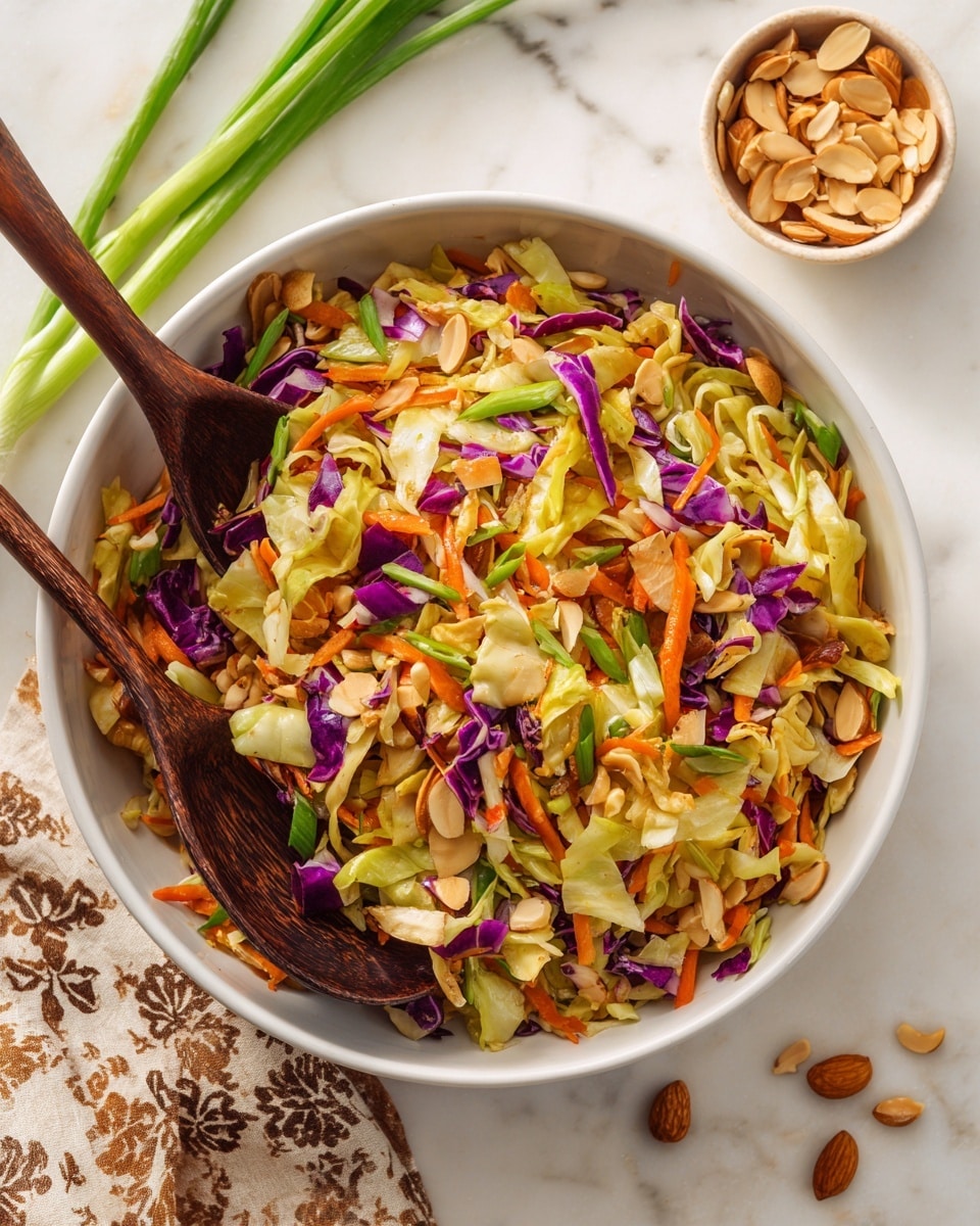 A white bowl filled with a colorful salad made of thinly sliced purple and light green cabbage, bright orange carrot sticks, light green chopped scallions, crunchy almond slices, and small curly pieces of light tan ramen noodles mixed throughout. Two dark brown wooden spoons rest inside the bowl, mixing the salad. Nearby, a small white bowl contains more sliced almonds. The dishes sit on a white marbled surface with some green scallions scattered around and a soft-focus patterned cloth napkin in the corner. Photo taken with an iphone --ar 4:5 --v 7