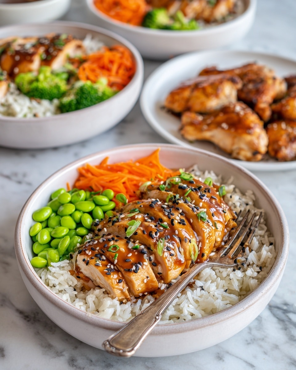 In a shallow white bowl sitting on a white marbled surface, there is a layered meal with fluffy white rice as the base. On top, sliced chicken covered in a shiny brown sauce is placed in the center, sprinkled with black and white sesame seeds. Around the chicken, bright orange thin strips of carrot, fresh green edamame beans, and small chopped broccoli florets create a colorful border. A vintage silver fork rests on the left side of the bowl against the rim. In the background, two more white bowls hold similar meals, and a white plate with whole cooked chicken pieces is slightly blurred. photo taken with an iphone --ar 4:5 --v 7