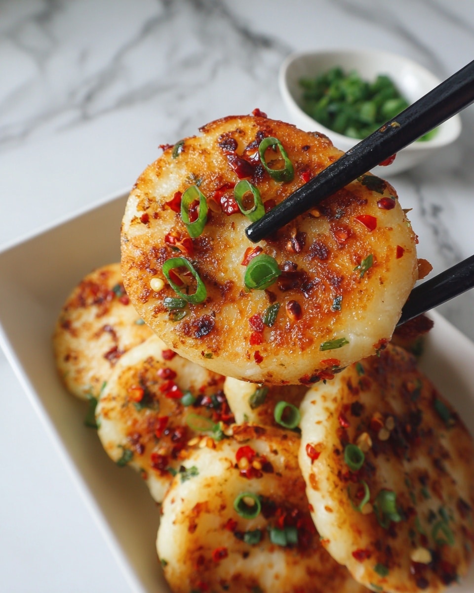 A close-up of a golden brown round slice held by black tongs, with a crispy browned texture on top, sprinkled with red chili flakes and small green onion rings; the background shows more similar slices stacked in a white dish with some green onions visible, all placed on a white marbled surface. photo taken with an iphone --ar 4:5 --v 7