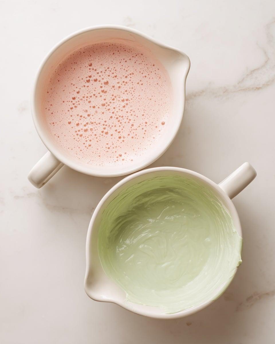 Two white mixing bowls sit on a white marbled surface. The bowl on the left is filled with a light pink mixture that has many small bubbles, giving it a frothy texture. The bowl on the right contains a pale green mixture that looks slightly thicker and creamy, with some streaks around the sides of the bowl. Both bowls have spouts, and the image is bright with soft natural light. Photo taken with an iphone --ar 4:5 --v 7