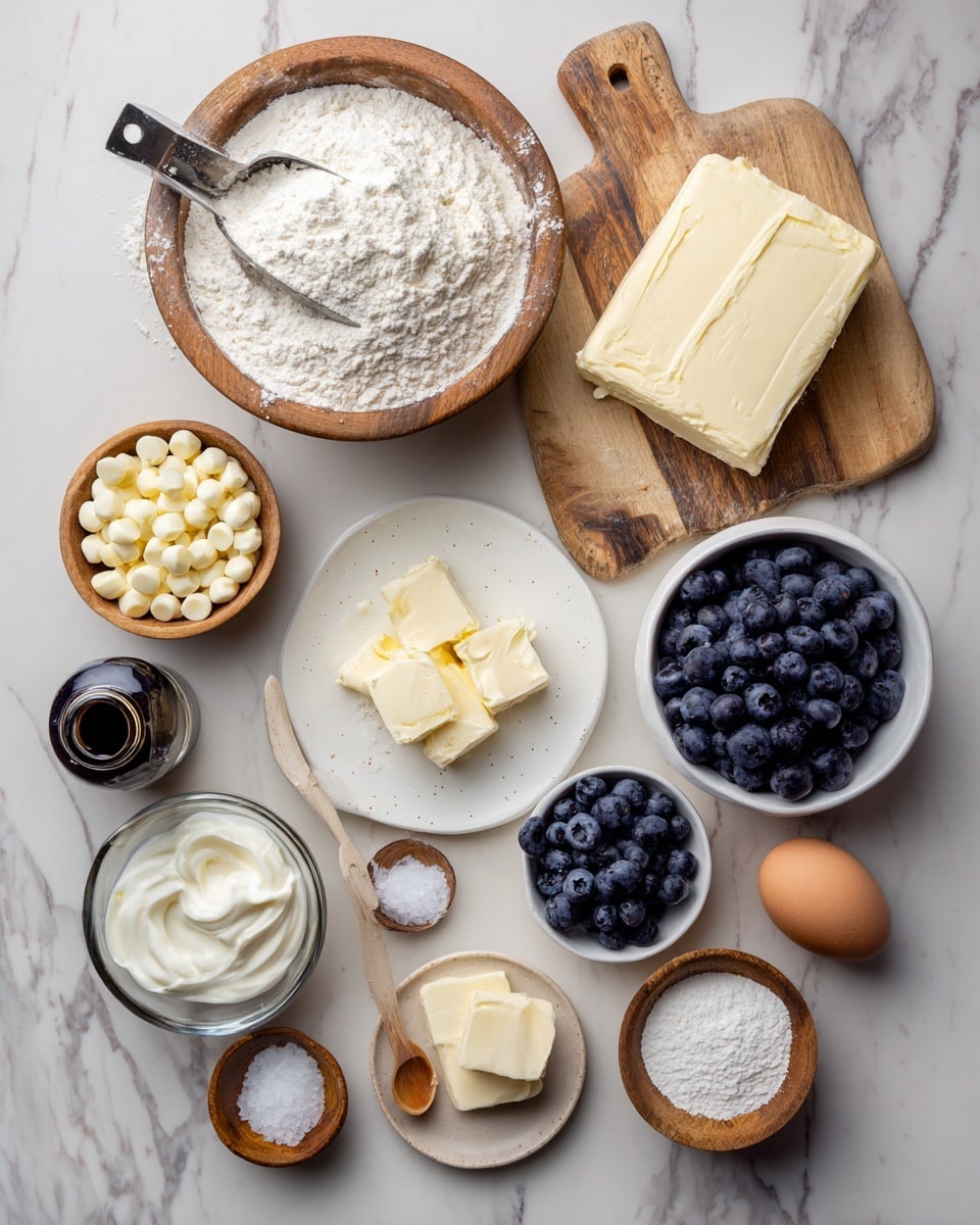 The image shows various baking ingredients arranged on a white marbled surface. On the top left, a wooden bowl holds 2 cups of white flour with a metal scoop inside. To the right, a wooden cutting board holds a block of cream cheese on parchment paper. Below that, a small white bowl is filled with 1 cup of white chocolate chips. Next to it, another white bowl has 2 cups of blueberries. At the bottom center, a white plate holds 1 cup of butter. Near the center, a small white bowl contains 1/4 teaspoon of salt with a small wooden spoon resting inside. To the left, a small glass bowl holds 1/4 cup of sour cream. On the bottom left, a dark bottle labeled 2 teaspoons of vanilla sits next to a wooden bowl holding 1 egg. Around the center bottom, three small wooden bowls hold 1/2 teaspoon baking soda, 1 teaspoon baking powder, and 1 cup sugar respectively. Each ingredient is clearly labeled with black text. The photo taken with an iphone --ar 4:5 --v 7