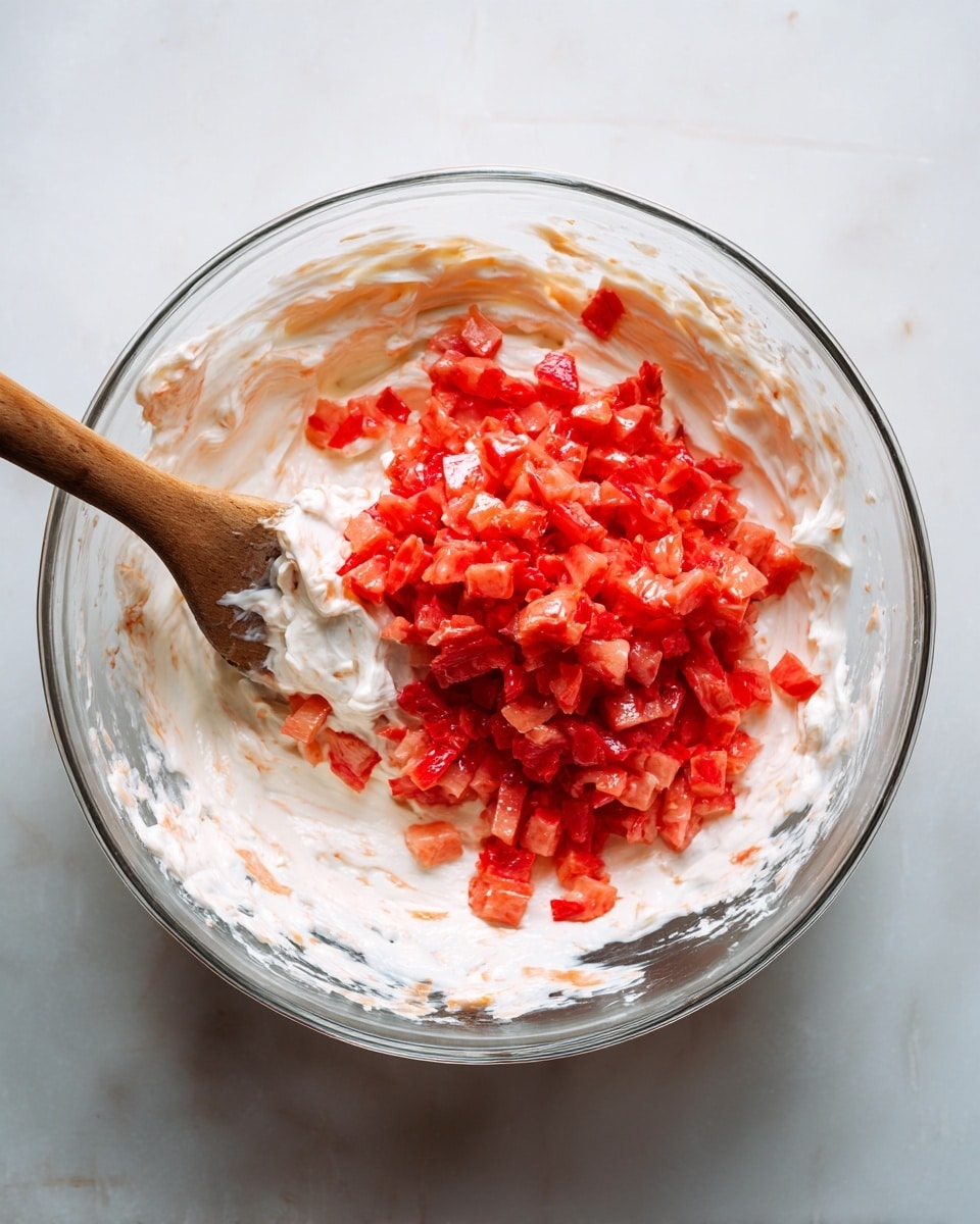 A clear glass bowl sits on a white marbled surface, filled with a creamy white and light orange mixture that looks soft and smooth. On top of this creamy base is a pile of small, bright red diced pieces, which have a shiny and slightly wet texture. A wooden spoon is partially dipped into the mixture on the left side of the bowl, with some creamy mix stuck on it. The bowl’s inside has smears of the creamy mixture around the edges, showing it is being mixed. The whole scene is well-lit with natural light, highlighting the colors and textures. photo taken with an iphone --ar 4:5 --v 7