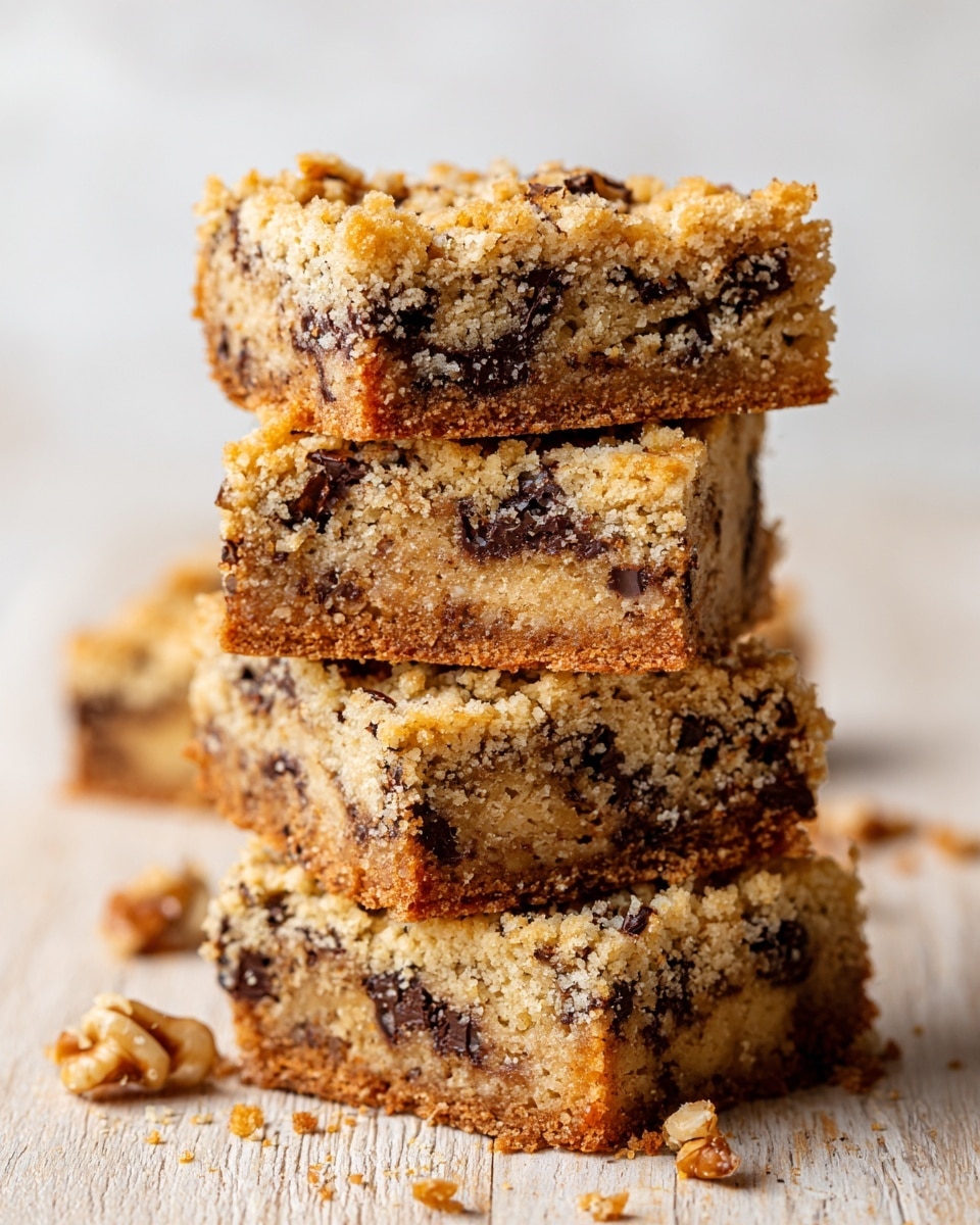 A stack of five thick, square cookie bars with a golden brown crumbly texture is shown up close. Each bar has visible dark chocolate chunks and pieces of walnuts spreading evenly throughout, giving a mix of smooth and rough surfaces. The bars are resting on a light brown wooden surface with some cookie crumbs scattered around. The background is plain white, creating a clean and simple look. photo taken with an iphone --ar 4:5 --v 7