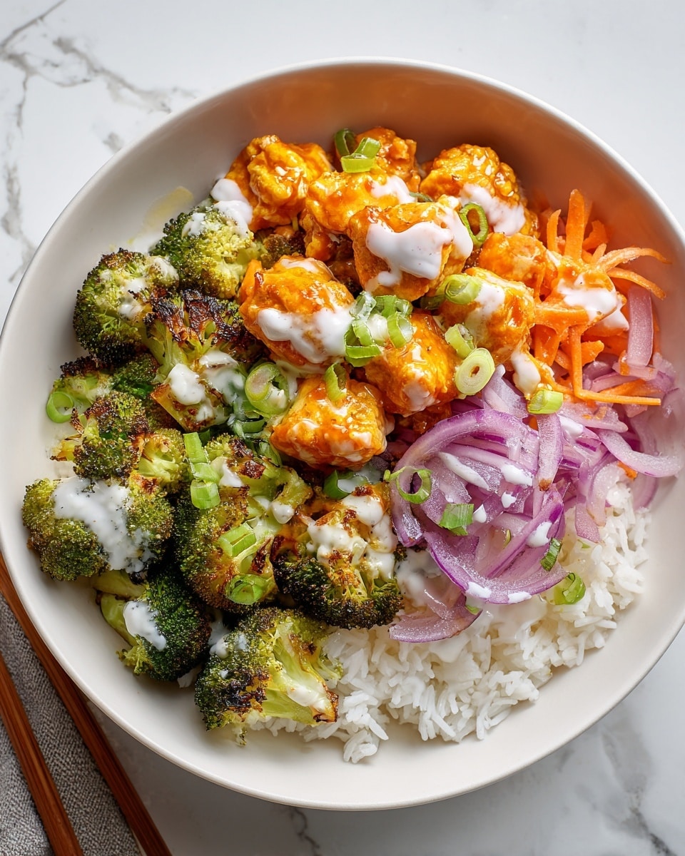 A white bowl is filled with four clear layers: at the bottom, plain white rice with a fluffy texture; next, bright green roasted broccoli pieces with slight charring on top; above that, golden brown chunks of cooked chicken coated in a shiny orange sauce; and on the top, thin orange carrot strips and thin slices of purple red onion mixed with small green onion pieces. The dish is drizzled with white creamy dressing that contrasts with the other colors. The bowl sits on a white marbled surface, and chopsticks are partly visible nearby. Photo taken with an iphone --ar 4:5 --v 7