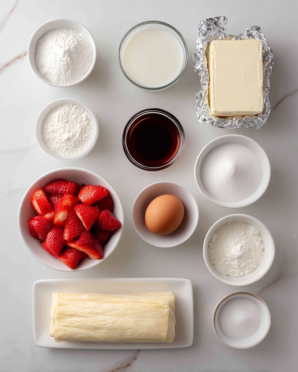 The image shows several ingredients neatly arranged on a white marbled surface. There is a block of cream cheese on its opened silver foil wrapper in the top right, next to a small clear bowl of dark brown vanilla extract. Two white bowls of powdered sugar sit near the top left and below the vanilla extract, while a small glass of milk is placed near the top middle. Below these, a white bowl holds bright red sliced strawberries in the center. To the left, a rectangular wrapped puff pastry block lies horizontally. Below the strawberries, on the bottom right, a small white bowl contains a single brown egg, and next to it are two smaller white bowls holding sugar cornstarch and granules of sugar. The setup is clean with clear spacing between each ingredient. Photo taken with an iphone --ar 4:5 --v 7