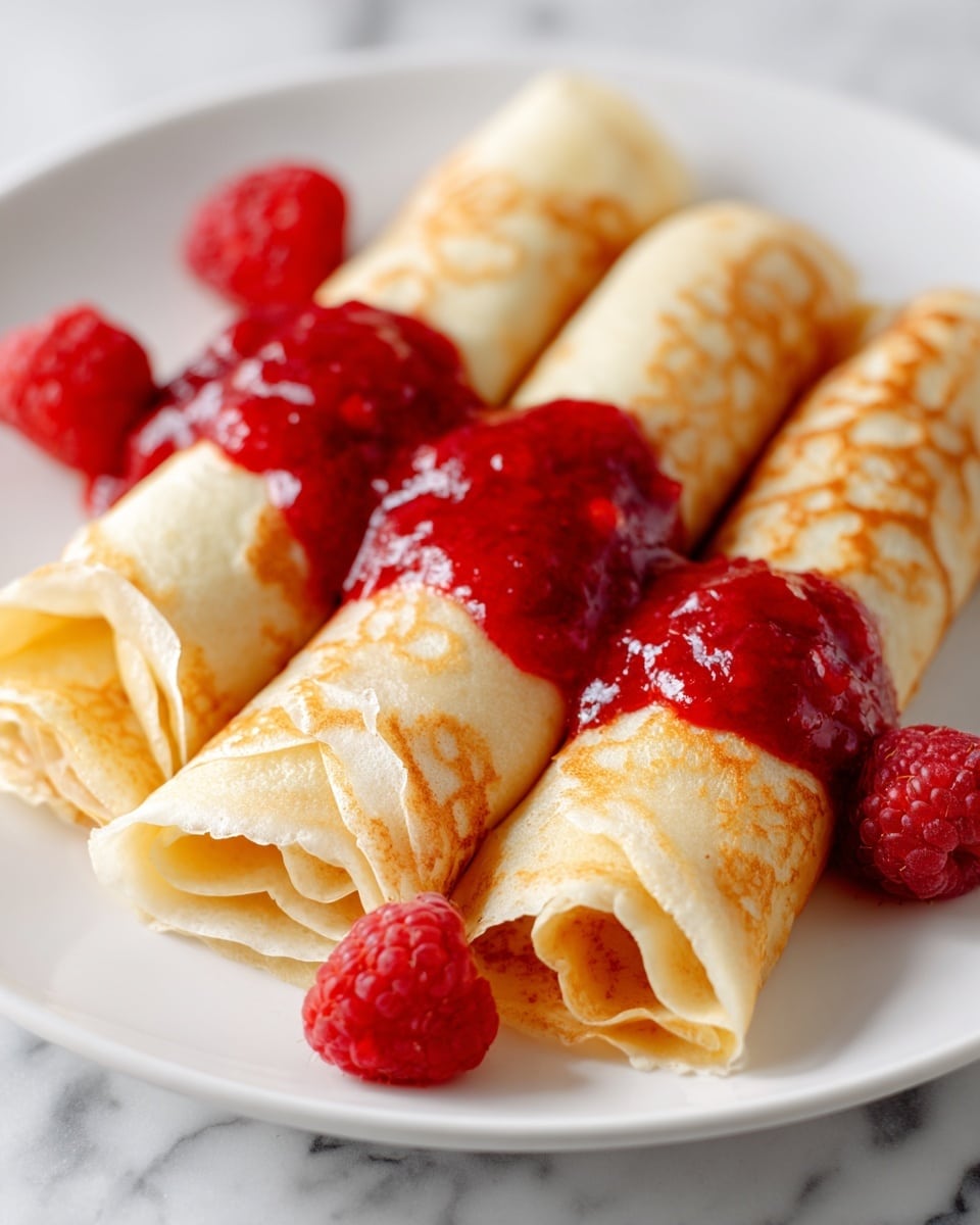 The image shows three folded crepes placed closely on a white plate, each crepe having a thin, light golden-yellow color with a soft texture. On top of the crepes is a bright red raspberry sauce spread in a thick line that stretches across all three crepes, with a few whole raspberries placed on and around the crepes. The surface beneath the plate is a white marbled texture. photo taken with an iphone --ar 4:5 --v 7
