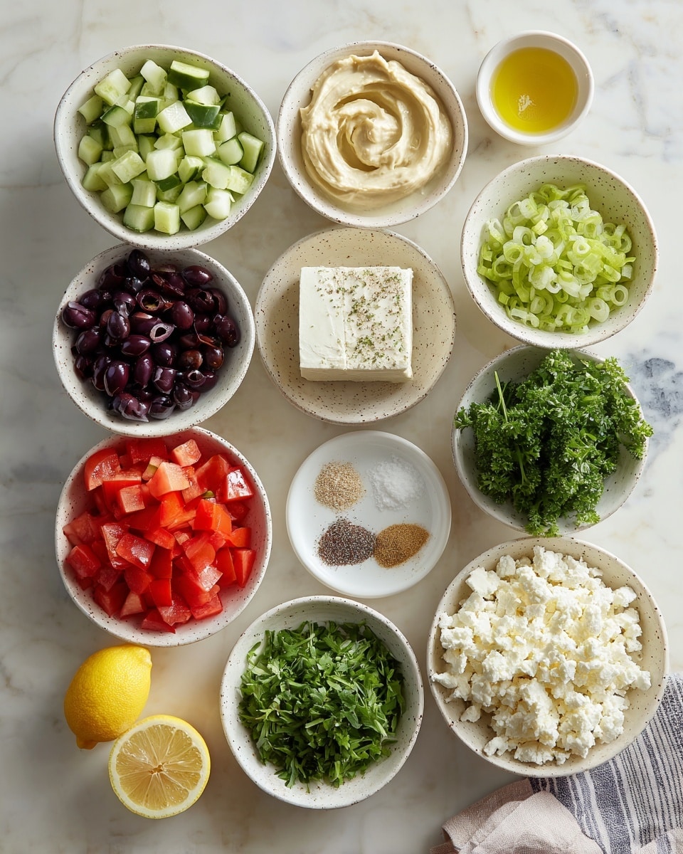 A top-down view of various ingredients arranged neatly on a white marbled surface. There are ten white bowls and plates, some with a speckled pattern, each holding different ingredients: diced light green cucumber, chopped dark purple kalamata olives, bright green sliced green onions, creamy pale beige hummus with a swirled texture, cubed bright red tomatoes, a block of smooth white cream cheese, a pile of crumbly white feta cheese, fresh dark green parsley leaves, and a small bowl with light yellow lemon juice next to halves of a lemon. In the center, a small white plate contains small piles of white salt, black pepper, light brown garlic powder, and beige onion powder. A woman's hand is partly visible on the right near a striped cloth. photo taken with an iphone --ar 4:5 --v 7