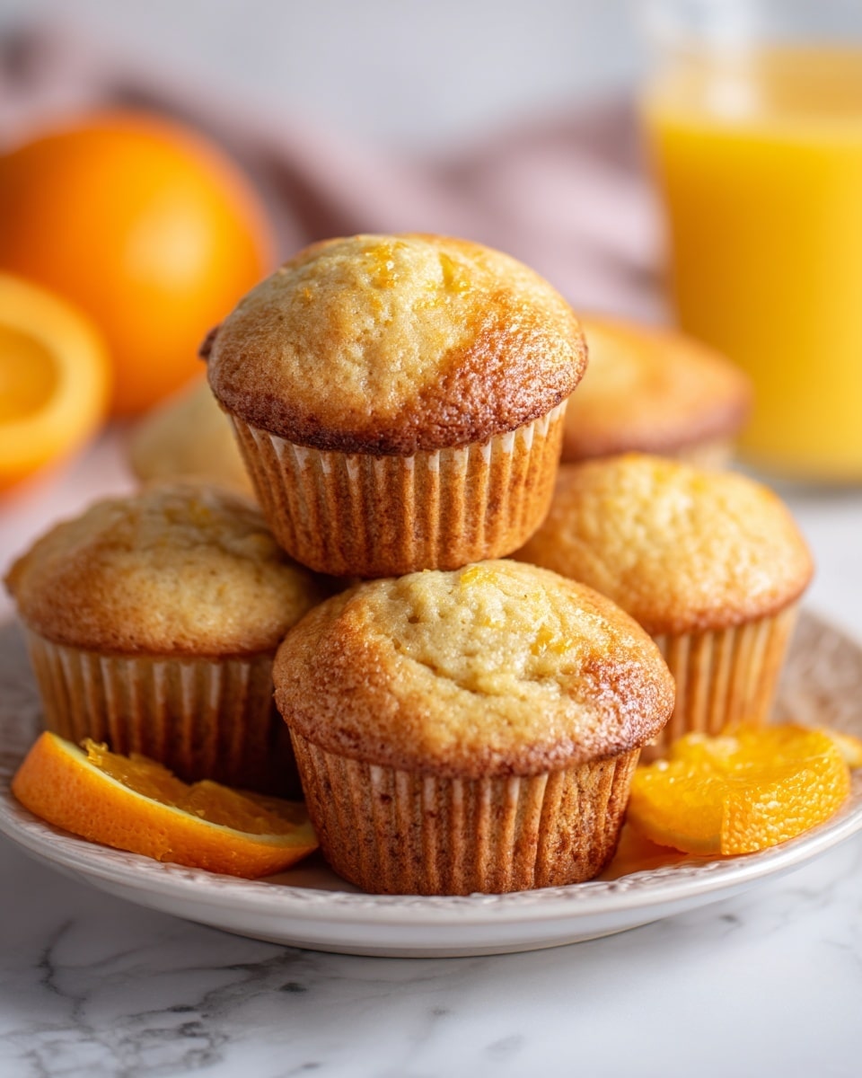 The image shows two white plates with light gray floral patterns, each with about five small round light brown pastries placed on the right side of the plate. To the left on each plate are four bright orange slices with visible texture and a small yellow spread near the pastries. Each plate has a silver fork resting on the right edge. Above the plates are two clear glasses filled with bright orange juice. At the top left, there is a round wicker basket containing several whole oranges and a few more of the small pastries on a white cloth. To the right of the basket is a small clear glass bowl filled with orange zest and garnished with a large green leaf. The background surface is a white marbled texture with square tile lines. Photo taken with an iphone --ar 4:5 --v 7