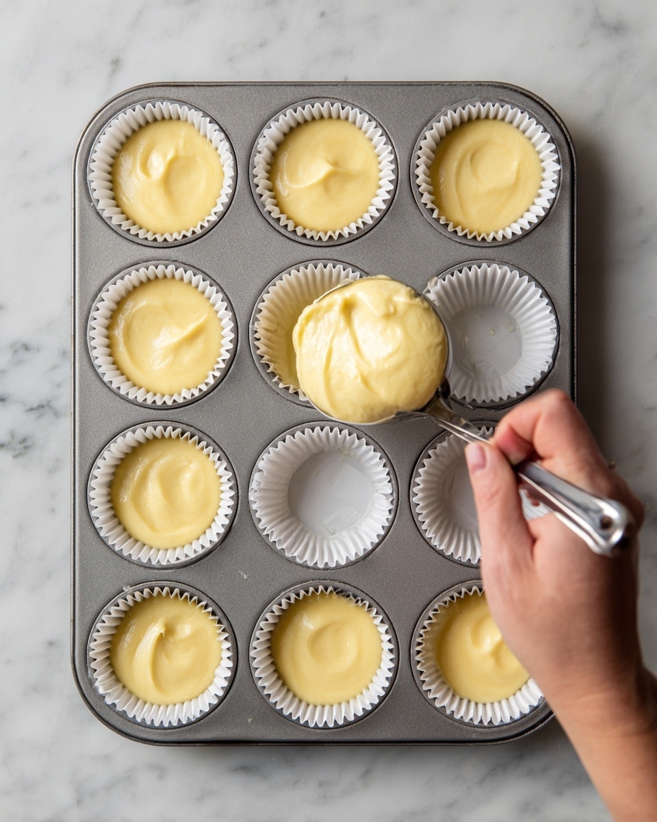 A muffin tin with twelve white paper liners is placed on a white marbled surface, and a woman's hand is using a metal ice cream scoop to fill one liner with light yellow batter that looks smooth and thick; seven liners are partially filled with the same batter, and four liners are empty, showing their crisp white texture. Photo taken with an iphone --ar 4:5 --v 7