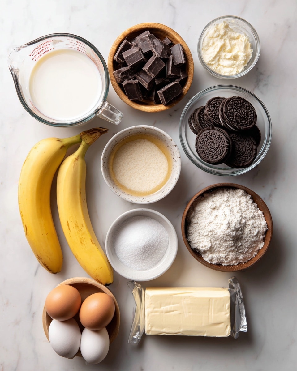 The image shows ingredients for a dessert arranged neatly on a white marbled surface. At the top center is a small wooden bowl filled with dark chocolate pieces, and to its right is a clear glass bowl holding several Oreo cookies. Below the cookies is a small white ceramic bowl with a brownish liquid, possibly vanilla. Next to it is a brown wooden bowl filled with white sugar. To the left of the sugar bowl is a large clear measuring cup half full with milk or cream. Around the center of the image are two ripe yellow bananas, a small bowl of white powder (likely flour), a small bowl with salt, and a small clear bowl holding two brown eggs. To the right of the eggs is a stick of butter in its paper wrapper. The overall setting is bright and clean, showing all ingredients ready to be used. photo taken with an iphone --ar 4:5 --v 7