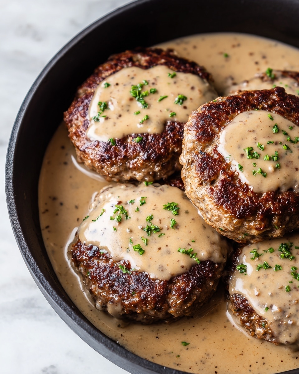The image shows four meat patties stacked vertically inside a black pot, each covered by a smooth, light brown creamy sauce with small bits giving it texture. The sauce pools around the patties at the bottom, and finely chopped green herbs are sprinkled evenly on top of the sauce and patties, adding a touch of color contrast. The background has a white marbled texture. photo taken with an iphone --ar 4:5 --v 7