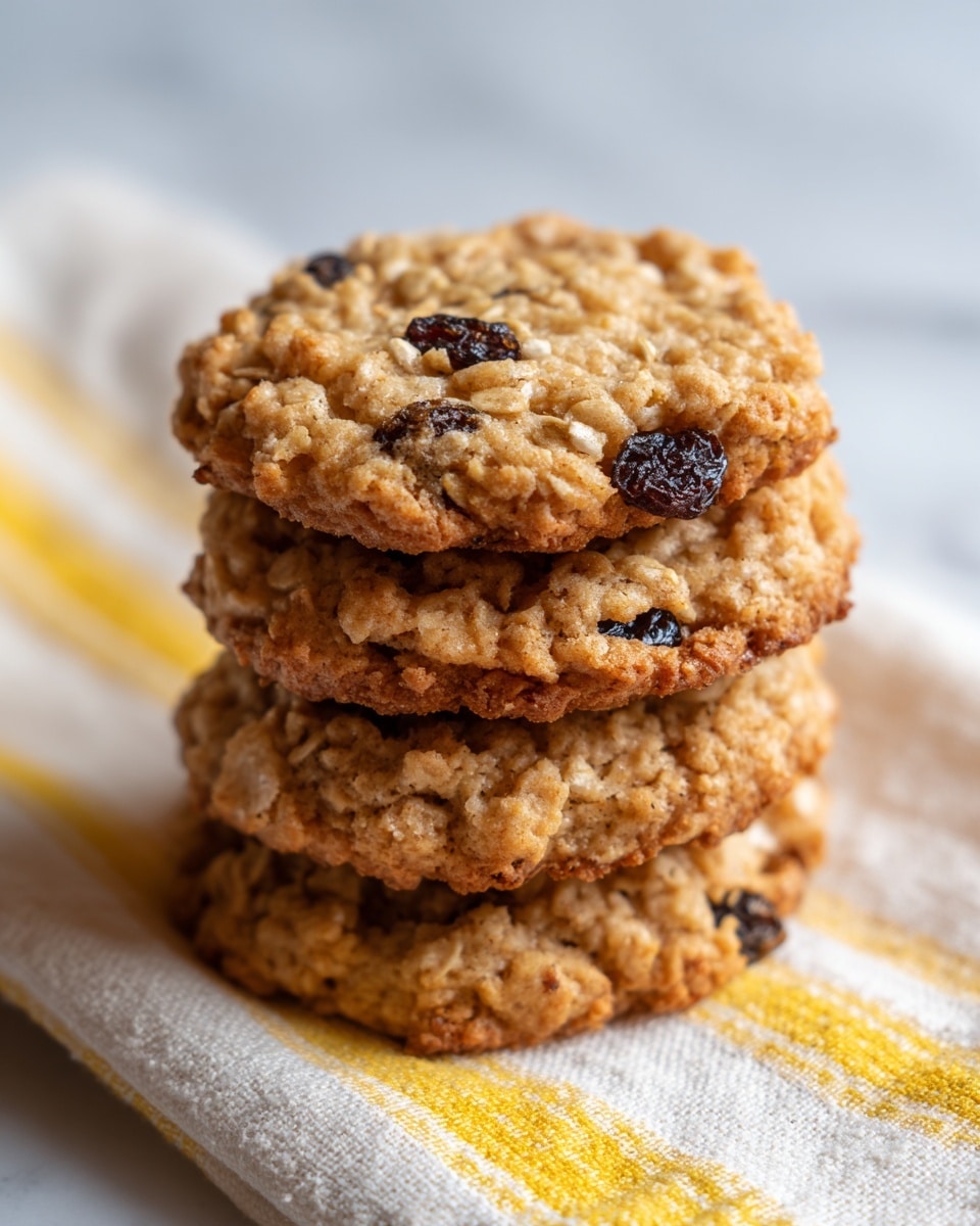 A stack of four round oatmeal cookies with a rough, crumbly texture and visible raisins is shown from a close angle. The cookies are light golden brown with small uneven cracks on the surface. Some oat flakes and raisins poke out from the edges. The stack is placed on a white marbled surface, and a soft, blurry yellow and white striped cloth can be seen in the background. Photo taken with an iphone --ar 4:5 --v 7