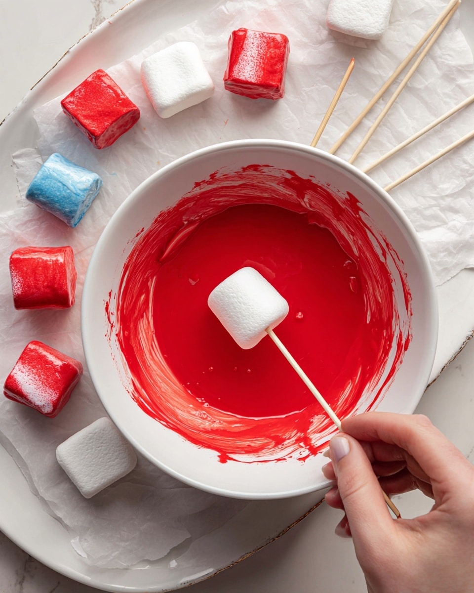 A white bowl filled with thick, shiny red candy coating sits in the center, with some red coating smeared on its inner edges. A woman's hand is holding a toothpick and dipping a large white marshmallow into the candy. Around the bowl on a tray covered with white marbled paper, there are several marshmallows fully coated in bright red candy, each with a toothpick sticking out as a handle. There are also two plain white marshmallows and some blue licorice arranged casually on the paper. The scene is well-lit and focused on the candy coating process. photo taken with an iphone --ar 4:5 --v 7
