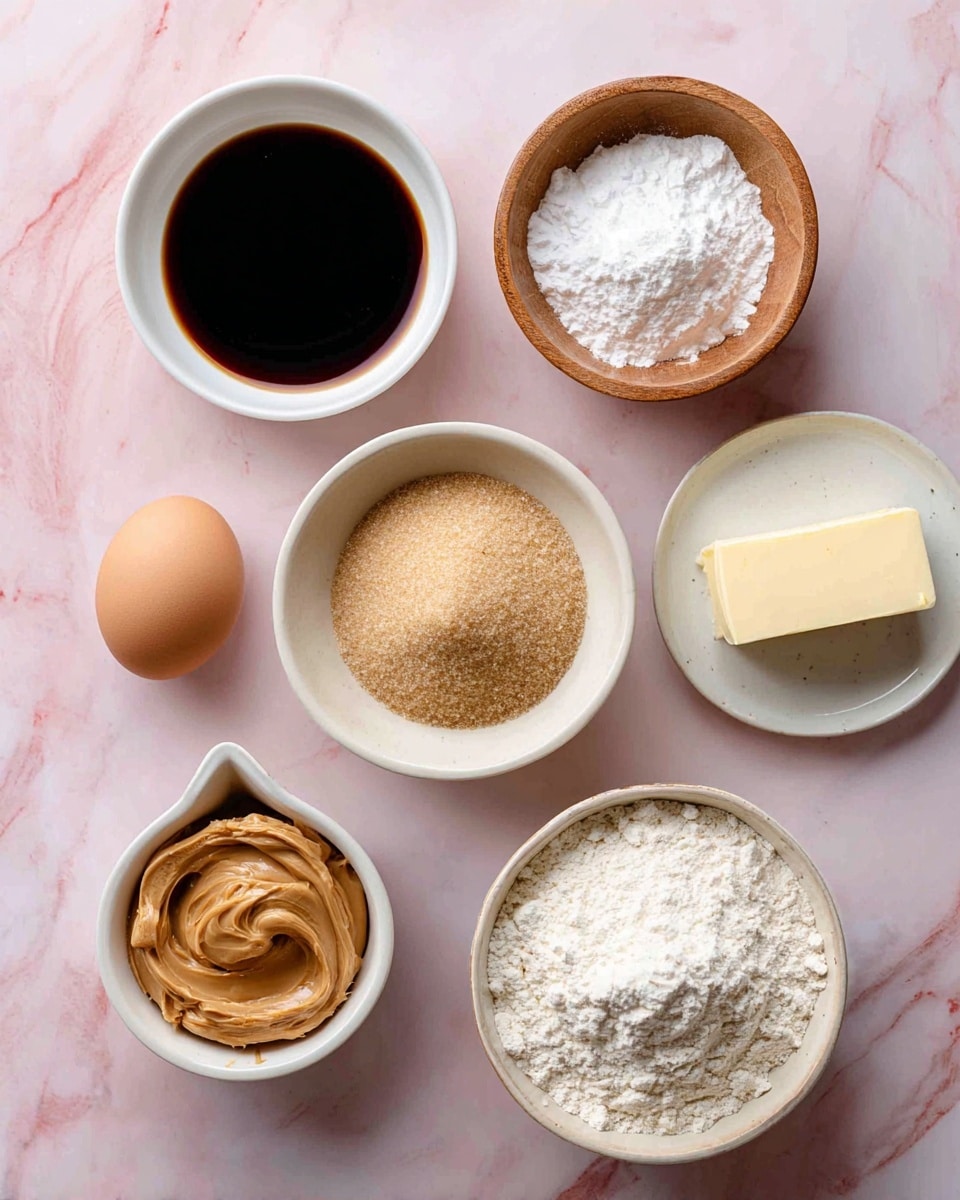 Several small white bowls and a raw egg are placed on a pink and white marbled surface. Starting from the top left, a small white bowl holds a dark liquid labeled as 2 tsp vanilla extract. To the right, a small wooden bowl contains white powder marked as 1/2 tsp baking powder. Below these, a medium white bowl is filled with light brown sugar showing a textured, slightly loose pile. At the bottom left, a small white bowl shaped like a measuring cup holds smooth, light brown Biscoff cookie butter labeled as 1/3 cup. To the right of it, a small white plate displays a stick of pale yellow butter marked as 1/2 cup. Near the center bottom, a single brown egg lies on the marble surface labeled as 1 large egg. At the lower right, a larger white bowl contains white flour with a fine, powdery texture marked as 1 cup. Finally, a small wooden bowl near the bottom center holds a small amount of white salt labeled as 1/2 tsp salt. Each ingredient is clearly labeled with simple black text and arrows pointing to them. The photo taken with an iphone --ar 4:5 --v 7