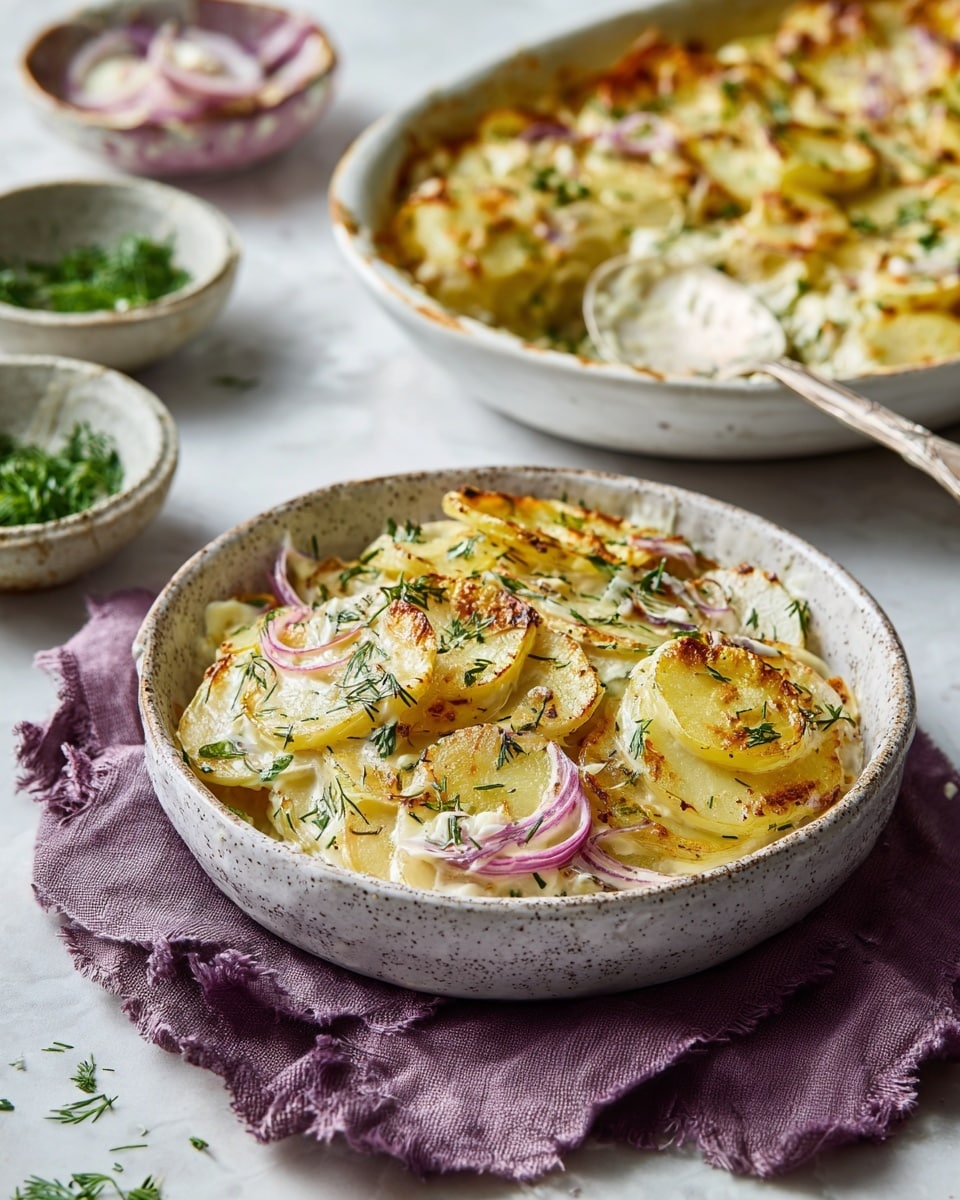 The dish shows a small white speckled bowl filled with layered crispy roasted potato slices mixed with creamy dressing, light pink small onion pieces, and sprinkled green chives and dill herbs evenly on top. Behind it, there is a large white plate holding more of the same mixture, with a vintage silver spoon resting slightly inside and on the plate edge. The dish sits on a white marbled surface, next to a purple cloth, and a few fresh herb bowls placed nearby. photo taken with an iphone --ar 4:5 --v 7