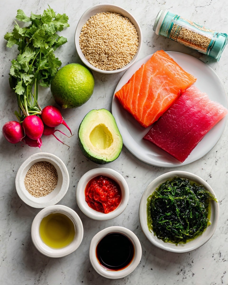 The image shows ingredients for a fresh sushi bowl arranged on a white marbled background. There is a white plate with two pieces of raw fish: one bright orange salmon and one dark pink tuna. Nearby is a whole lime, a halved avocado with the seed still inside, a small cucumber, and a bunch of green cilantro with three red radishes attached. A small white bowl holds green seaweed salad, and five other small white bowls contain different sauces and seasonings: light brown sesame oil, white sesame seeds, green wasabi with pink pickled ginger, bright red hot sauce, and dark soy sauce. A tube of cooked brown and white quinoa is placed near the top center. The arrangement is neat, with each item labeled with simple text. photo taken with an iphone --ar 4:5 --v 7