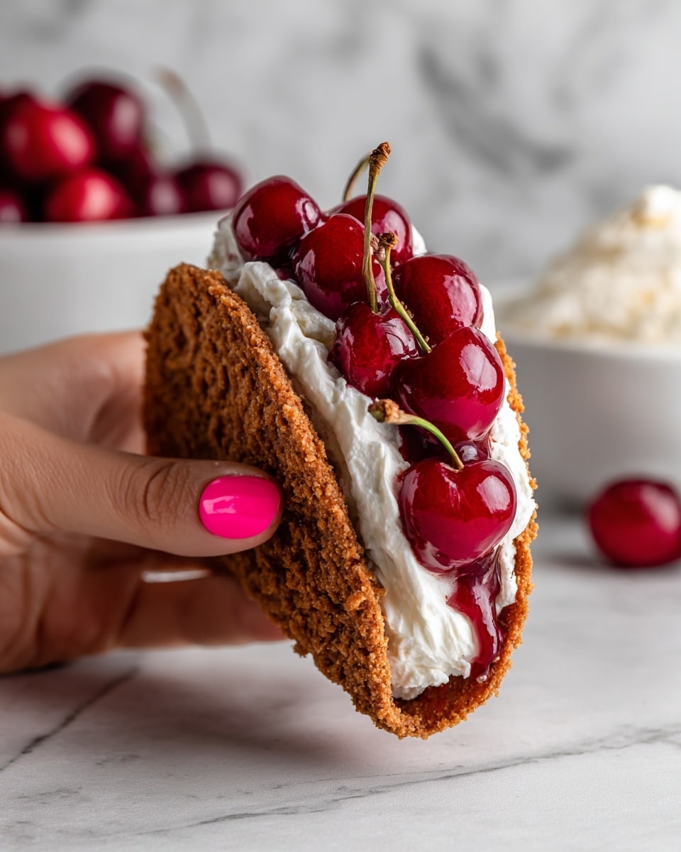A woman's hand with pink nail polish is holding a taco-shaped dessert with three visible layers. The bottom layer is a brown, crumbly crust forming the taco shell shape. The middle layer is white and creamy, spread thickly inside the shell. The top layer is bright red cherry sauce with whole cherries on top, adding a shiny, smooth texture. The background shows a blurred white marbled surface with red cherries and a white bowl of the creamy filling. Photo taken with an iphone --ar 4:5 --v 7