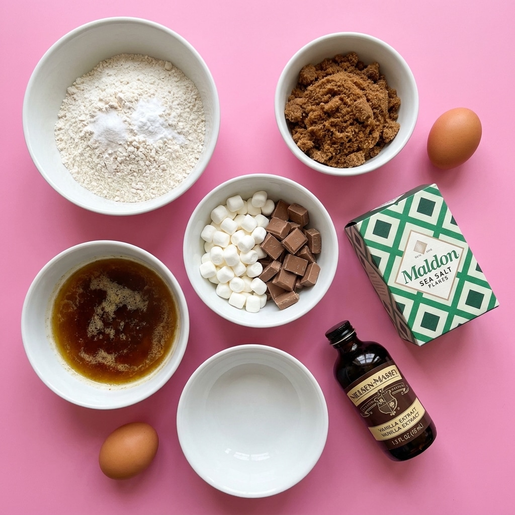The image shows a flat lay of baking ingredients on a bright pink background. There are five white bowls, each holding different ingredients: one bowl has light beige all-purpose flour with salt and baking soda mixed in, another bowl contains light brown dark brown sugar with a crumbly texture, a third bowl holds a mix of white mini marshmallows and small pieces of milk chocolate that are light brown, and a fourth bowl has melted browned butter that is dark golden brown in color and liquid. Near these bowls are an egg with a smooth brown shell, a green and white box of sea salt, and a dark brown bottle of vanilla extract with a label on it. All the bowls and items are arranged somewhat evenly spaced on the pink background. photo taken with an iphone --ar 4:5 --v 7