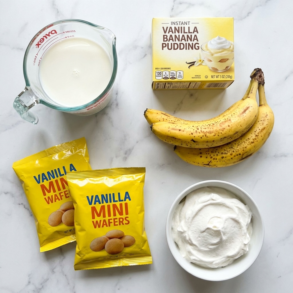 The image shows the ingredients for a banana pudding dessert arranged neatly on a white marbled surface. A clear glass measuring cup holds white milk, positioned at the top left. To the right, a yellow and white box of instant vanilla banana pudding sits above a small bunch of ripe yellow bananas with a few brown spots. Two bright yellow packets of vanilla mini wafers are placed near the bottom left. A white bowl filled with smooth, fluffy white cool whip is located at the bottom right. The items are spaced out clearly, showing each ingredient for the dessert. Photo taken with an iphone --ar 4:5 --v 7