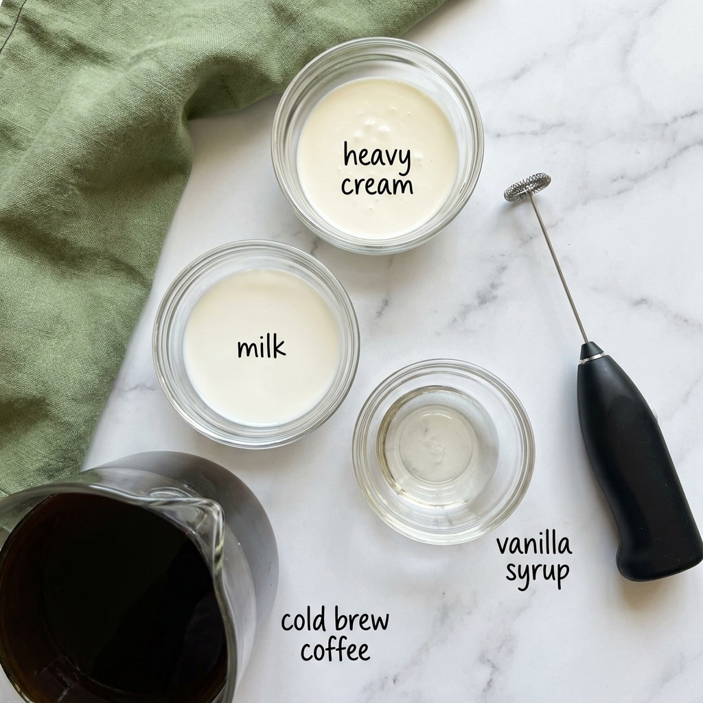 The image shows four small clear glass bowls and a handheld milk frother on a wooden table with a green fabric cloth draped on the upper left side. The bowls contain four different liquids: the top bowl has a creamy white liquid labeled