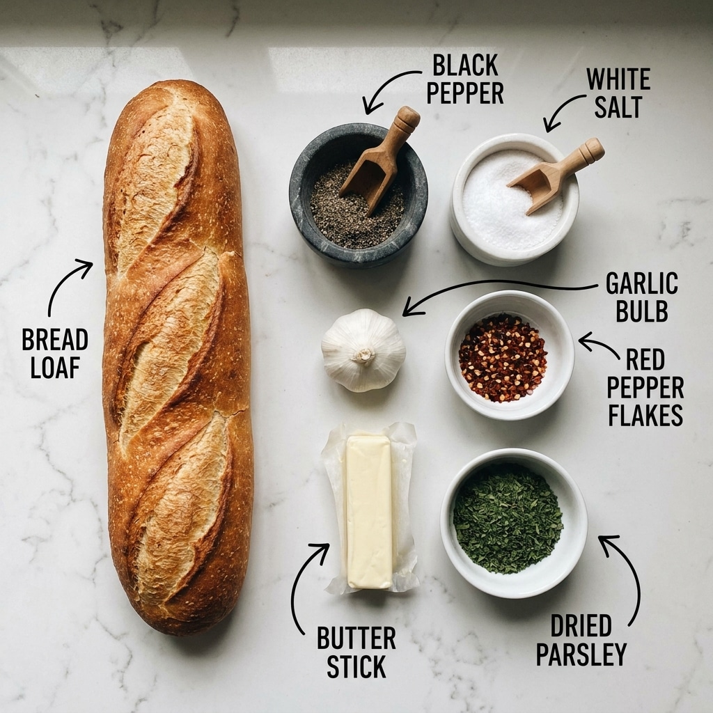 A long golden brown loaf of bread with three diagonal slashes on the top sits on the left side of a white marbled surface. To the right, six ingredients are spaced evenly: a dark gray stone bowl filled with black pepper and a small wooden scoop, a white bowl of white salt with a wooden scoop, a whole white garlic bulb, a white bowl filled with red pepper flakes, a wrapped stick of pale yellow butter, and a white bowl filled with green dried parsley. Each item is labeled with black text and black arrows pointing to it. Photo taken with an iphone --ar 4:5 --v 7